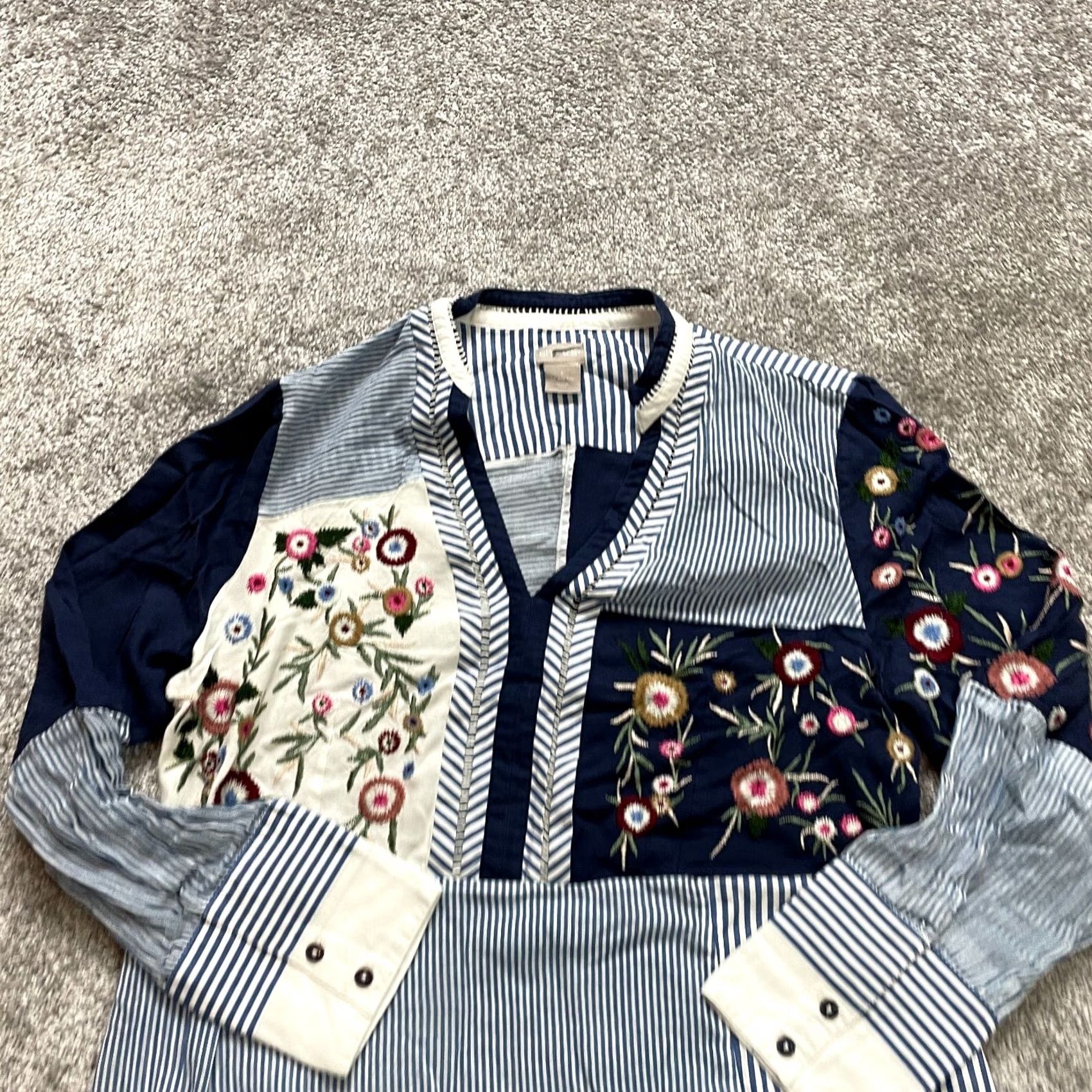 Vintage Chico's Womens V-Neck Blouse Blue Striped Floral Embroidered Long Sleeve XL Size XL / US 12-14 / IT 48-50 - 2 Thumbnail