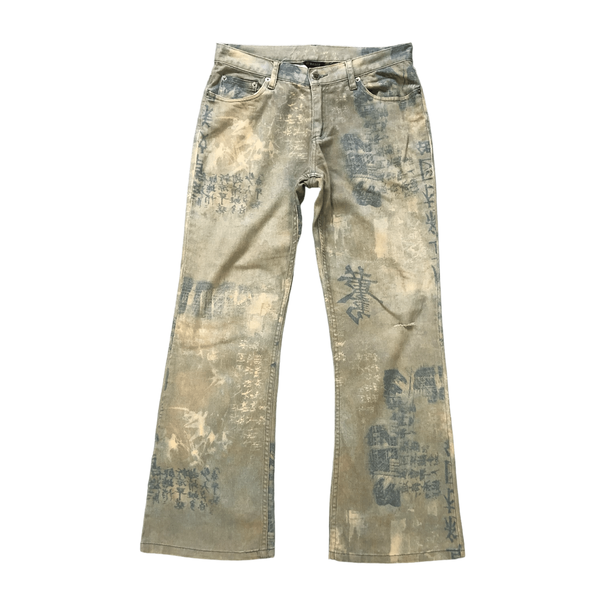 Japanese Brand FLARE🔥 TRASHED LIGHT WASH PRINTED DENIM PANTS #6489-221 Size US 30 / EU 46 - 1 Thumbnail