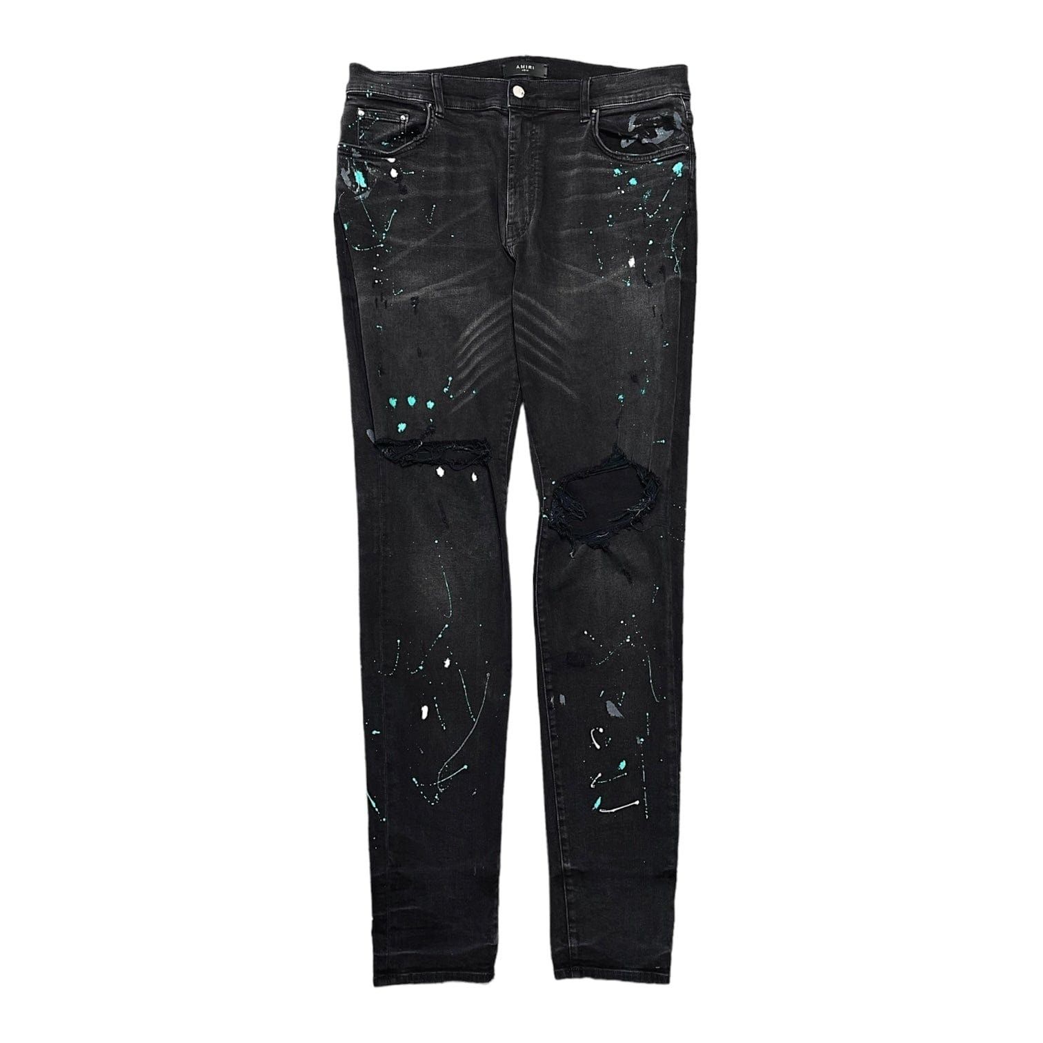 image of Amiri Green Paint Splatter Broken Jeans Aged Black, Men's (Size 38)