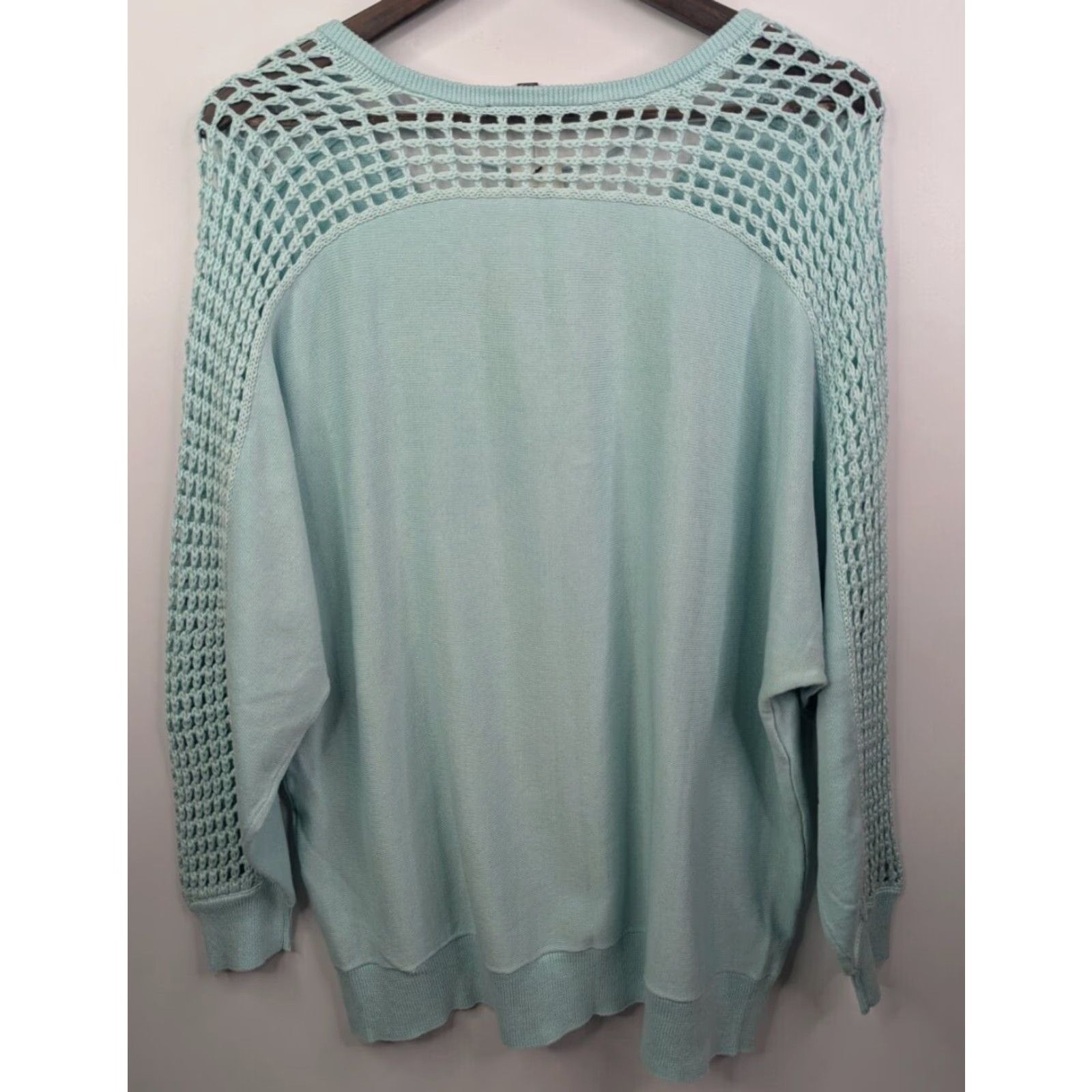 Vintage VINTAGE Lane Bryant Mint Green Sweater Open Weave Crochet Lattice Sleeves V-Neck 18/20 Size XXL / US 16-18 / IT 52-54 - 3 Thumbnail