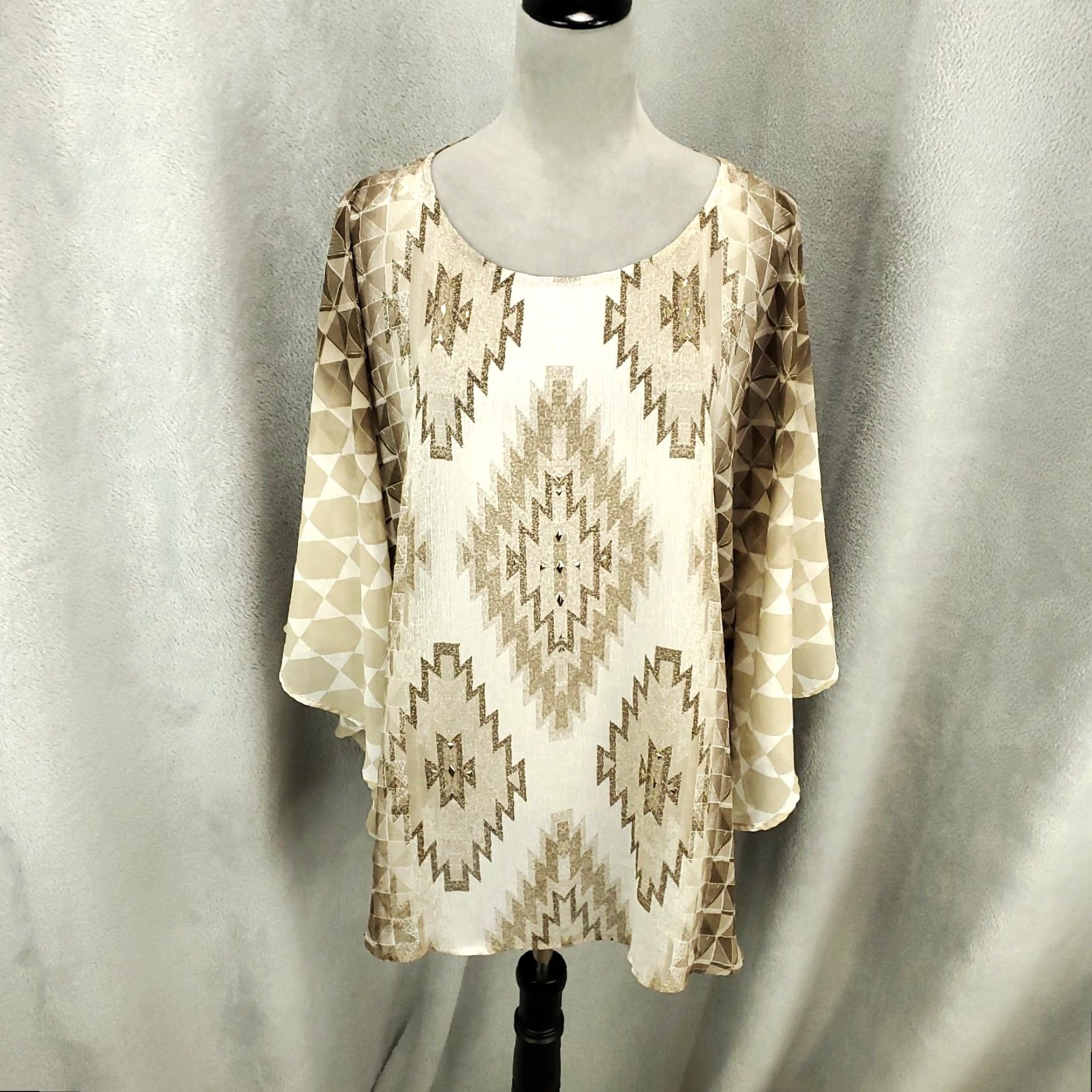 Vintage Womens Poncho Size 3X Tan Boho Western Studded Kimono Sheer Southwest Pullover Size XXL / US 16-18 / IT 52-54 - 2 Thumbnail