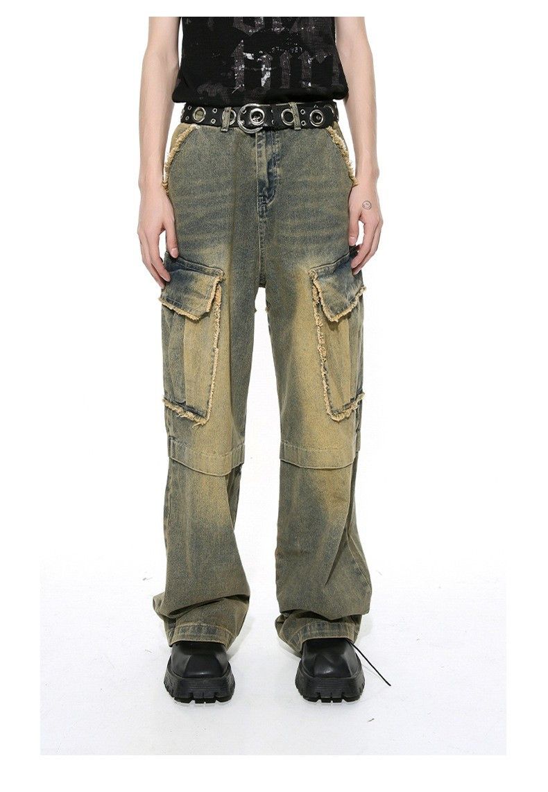 image of Baggy Gradient Wash Cargo Wide Leg Flared Denim Jeans, Men's (Size 30)