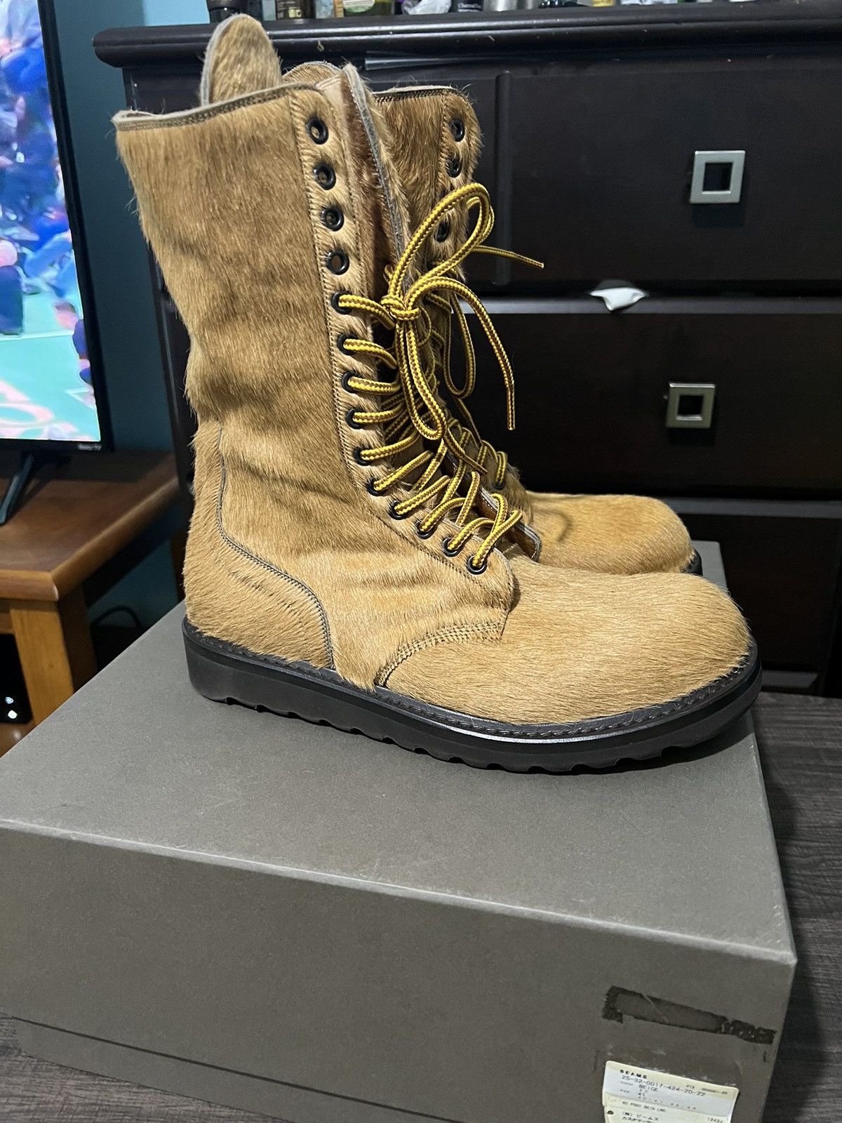 image of Rick Owens F/w13 Plinth Pony Hair Army Creeper Boots in Camel, Men's (Size 8)