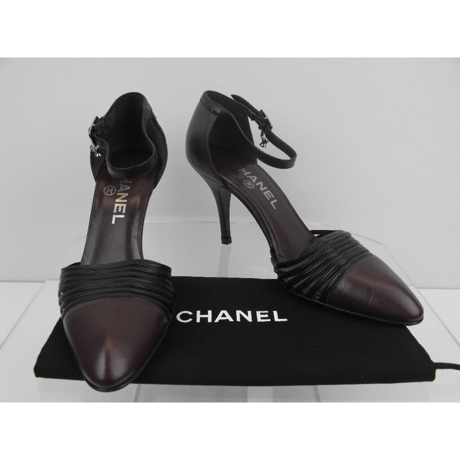 Chanel TWO TONE PLEATED LEATHER ANKLE STRAP CRYSTALS PUMPS 36.5 Size US 6.5 / IT 36.5 - 3 Thumbnail