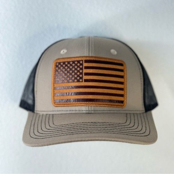 Designer NEW USA FAUX LEATHER PATCH KHAKI/BLACK TRUCKER MESH CAP HAT Size ONE SIZE - 1 Thumbnail