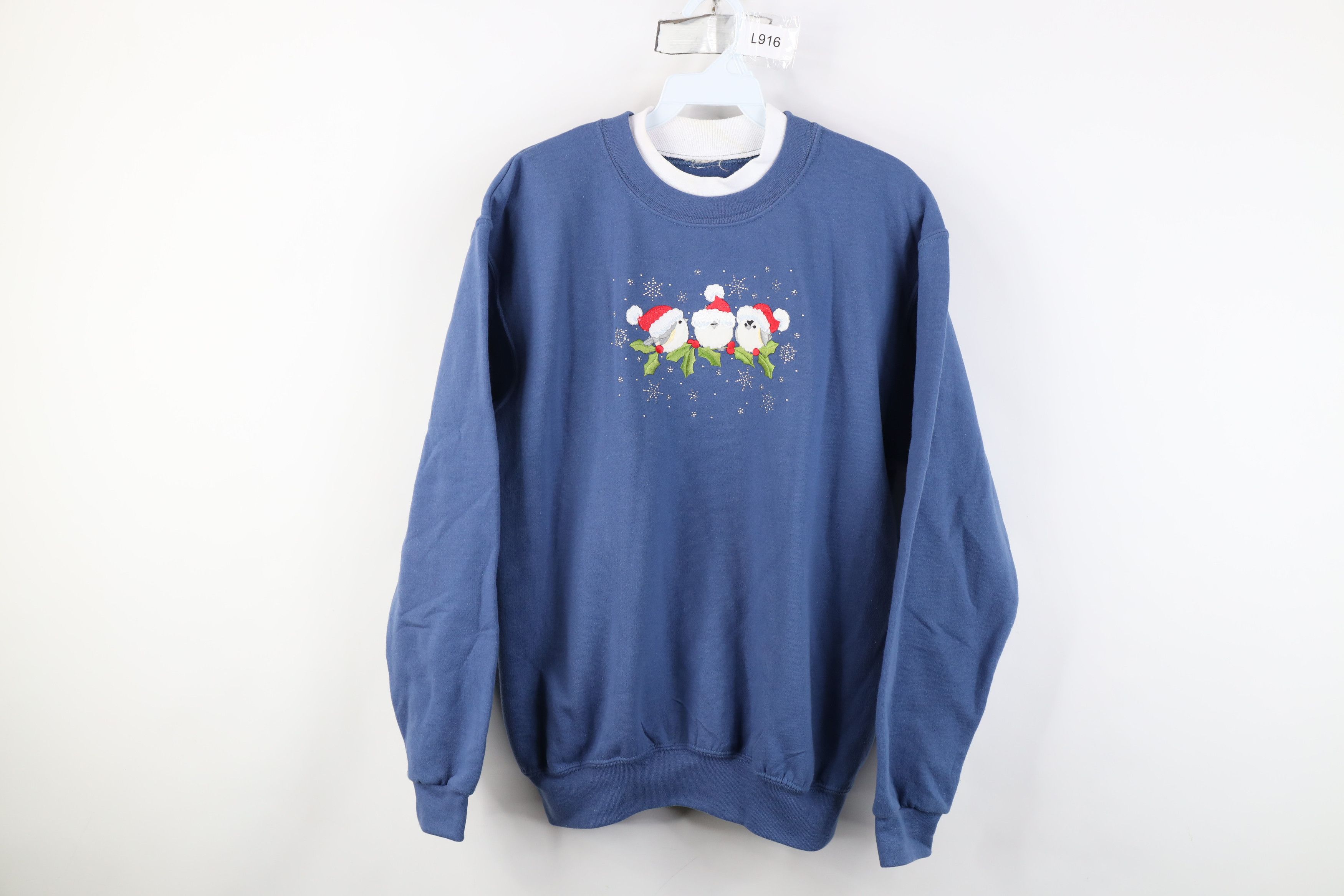 Vintage Vintage 90s Streetwear Christmas Snow Birds Sweatshirt Blue Size L / US 10 / IT 46 - 1 Thumbnail