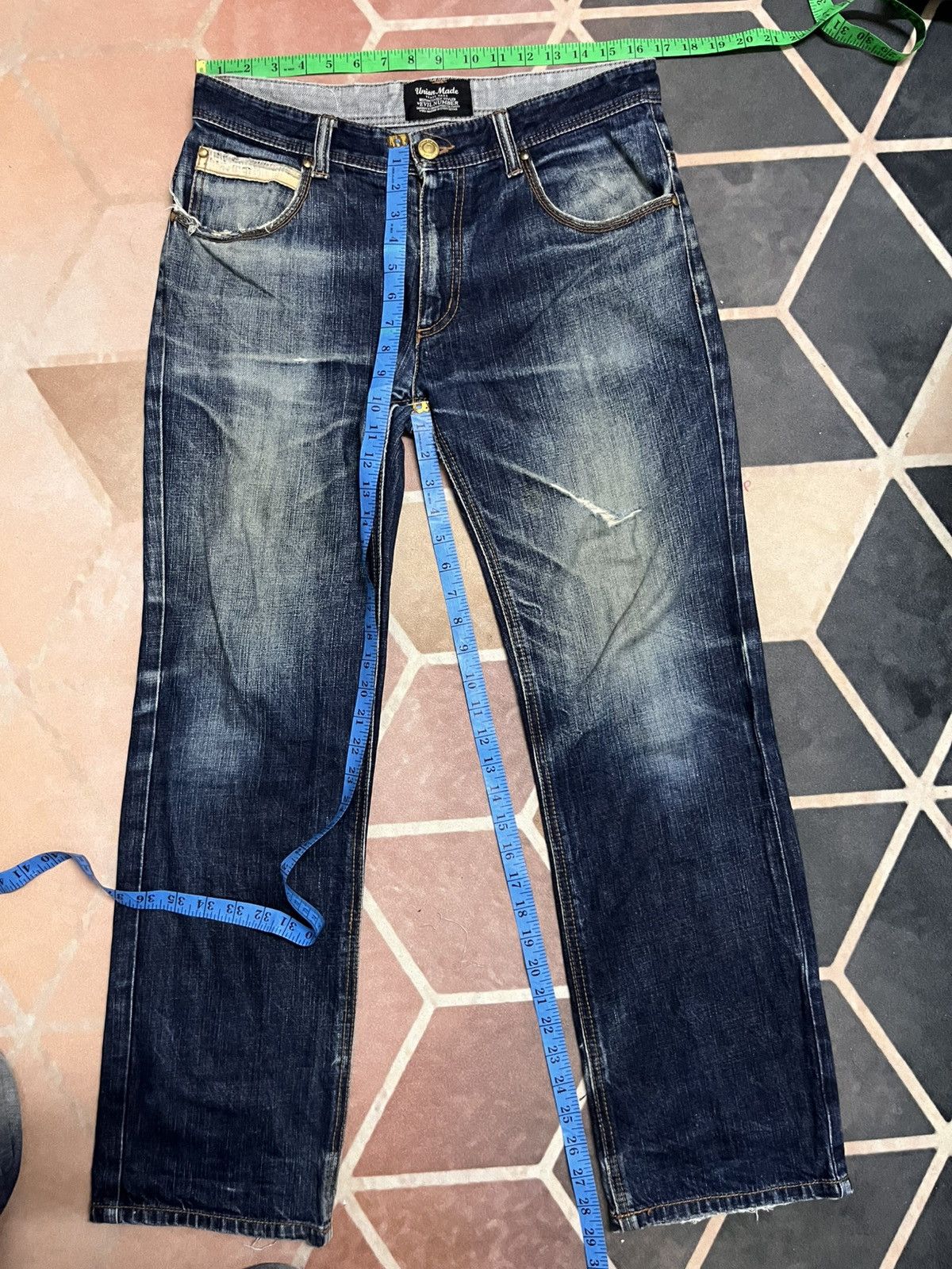 Japanese Brand Evil Number Japan union made distressed big e type fabric Size US 33 - 17 Thumbnail