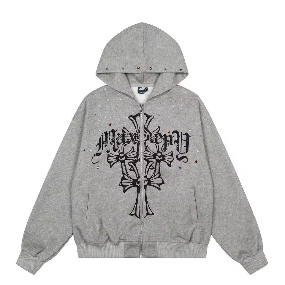 Other Gothic Punk Cross Rhinestone Zipper Hoodie Sweatshirt Size US XL / EU 56 / 4 - 1 Thumbnail