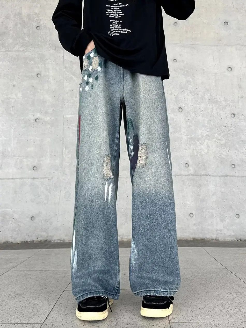 Japanese Brand Retro wide leg straight leg loose ripped jeans Size US 34 / EU 50 - 2 Thumbnail