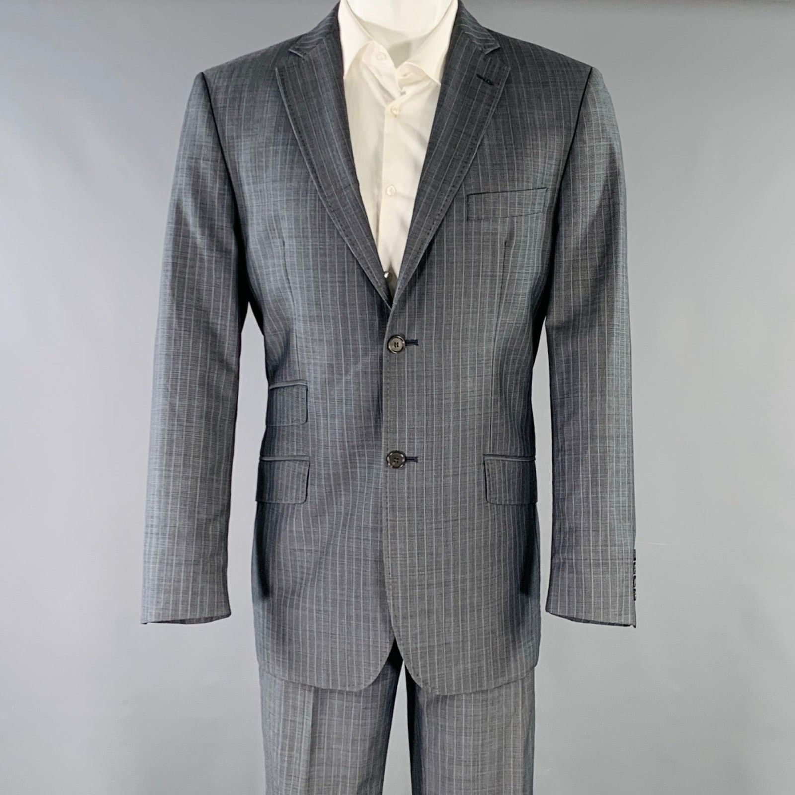 Ted Baker TED BAKER Grey Blue Pinstripe Wool Mohair Notch Lapel Suit Size 40R - 1 Thumbnail
