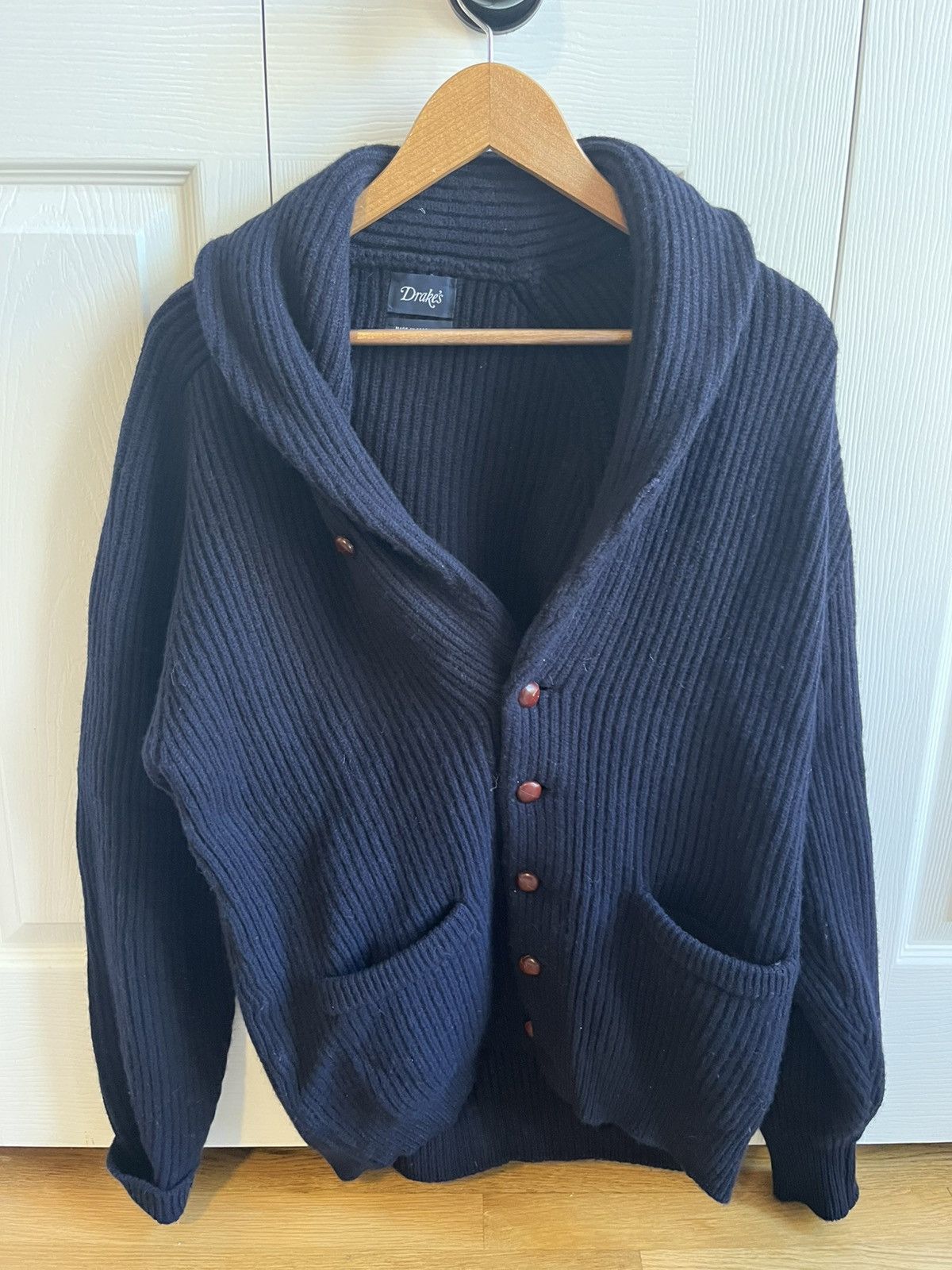Drake's Navy Lambswool Shawl Collar Cardigan Size US XL / EU 56 / 4 - 1 Thumbnail