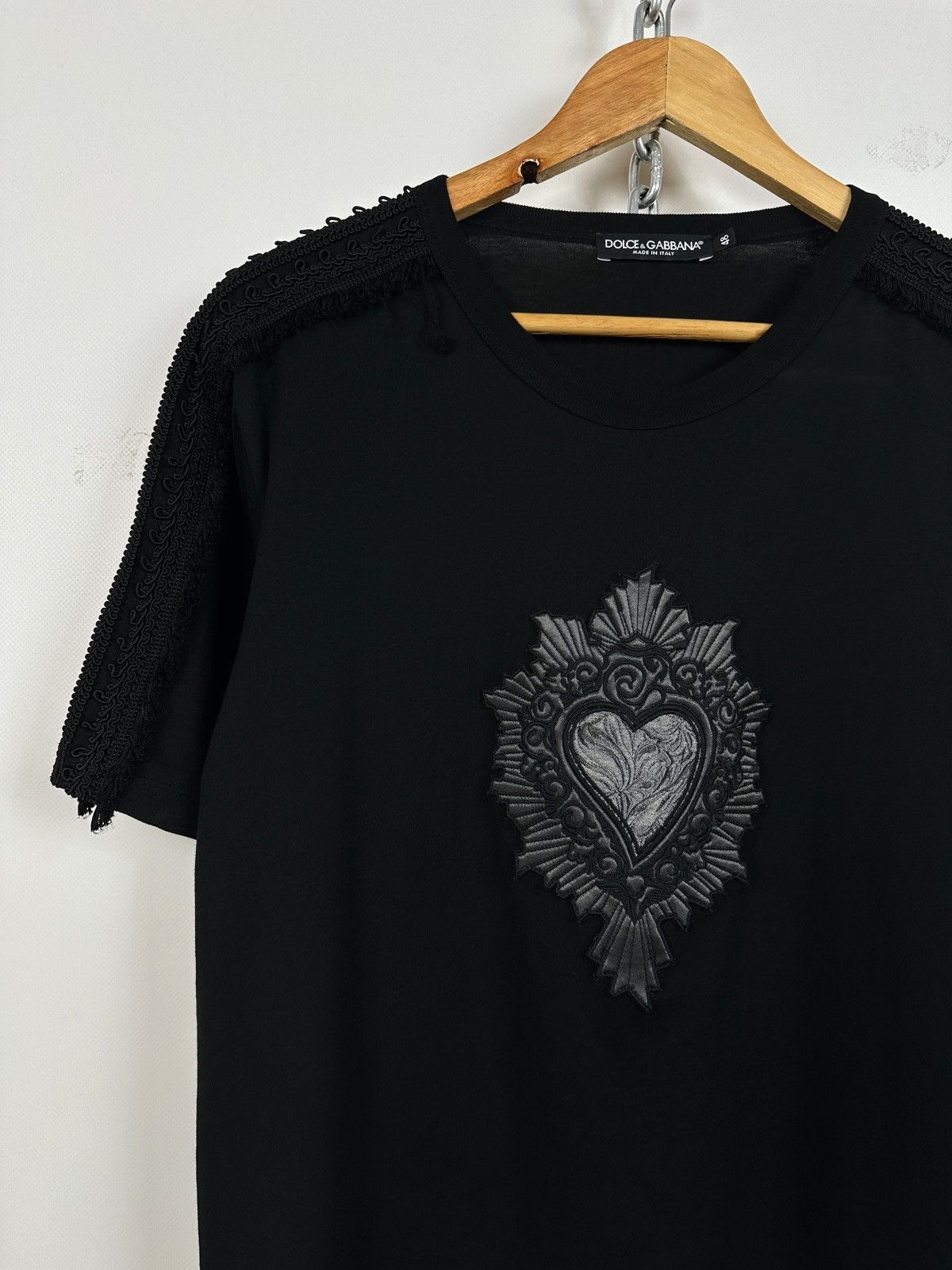 Dolce & Gabbana Dolce & Gabbana Black Sacred Heart Fringe Trim T-Shirt Size US M / EU 48-50 / 2 - 5 Thumbnail