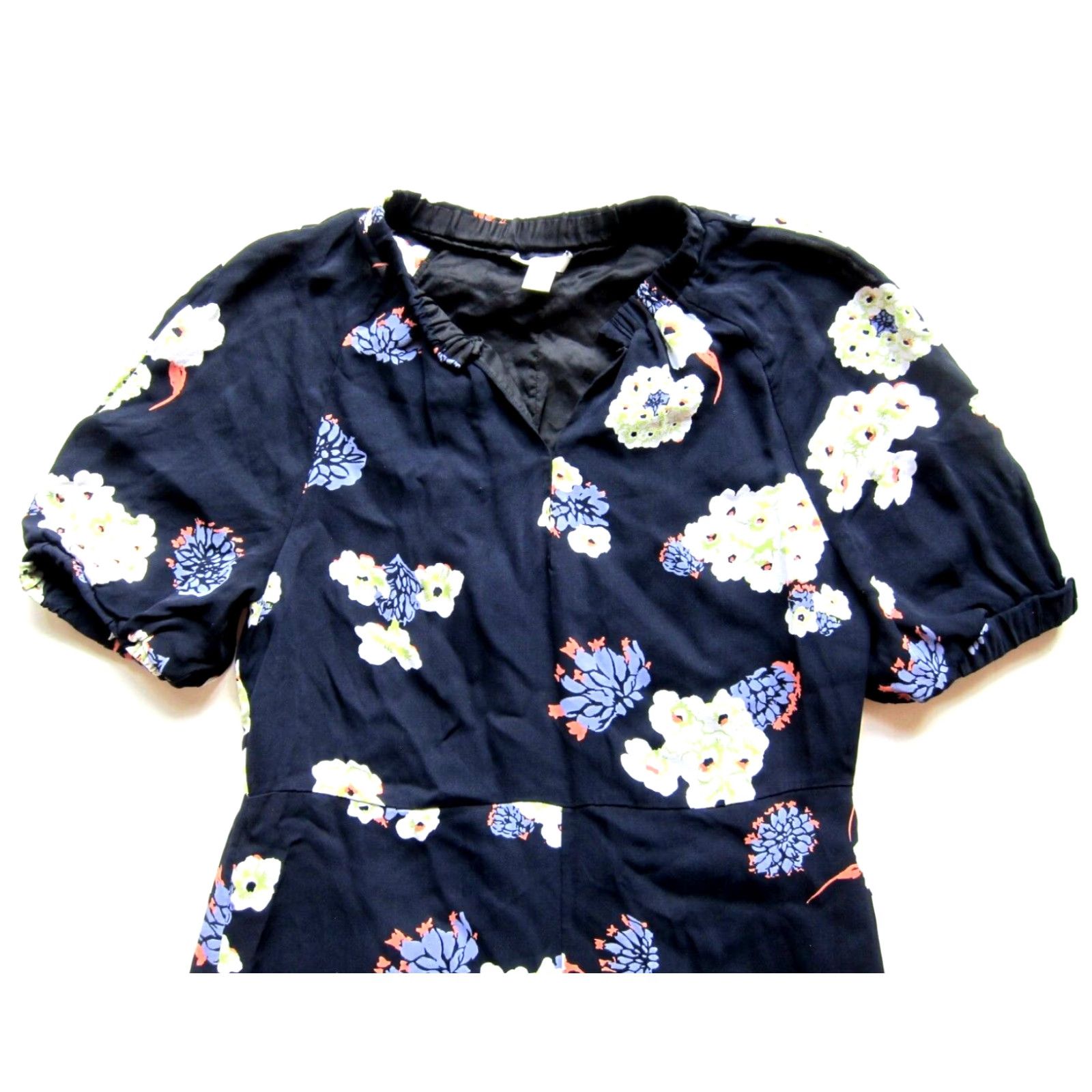 Vintage Lewit Dress Navy Blue Purple Floral Short Puff Sleeves Sheath Knee Length 12 Size 34" / US 12 / IT 48 - 4 Thumbnail