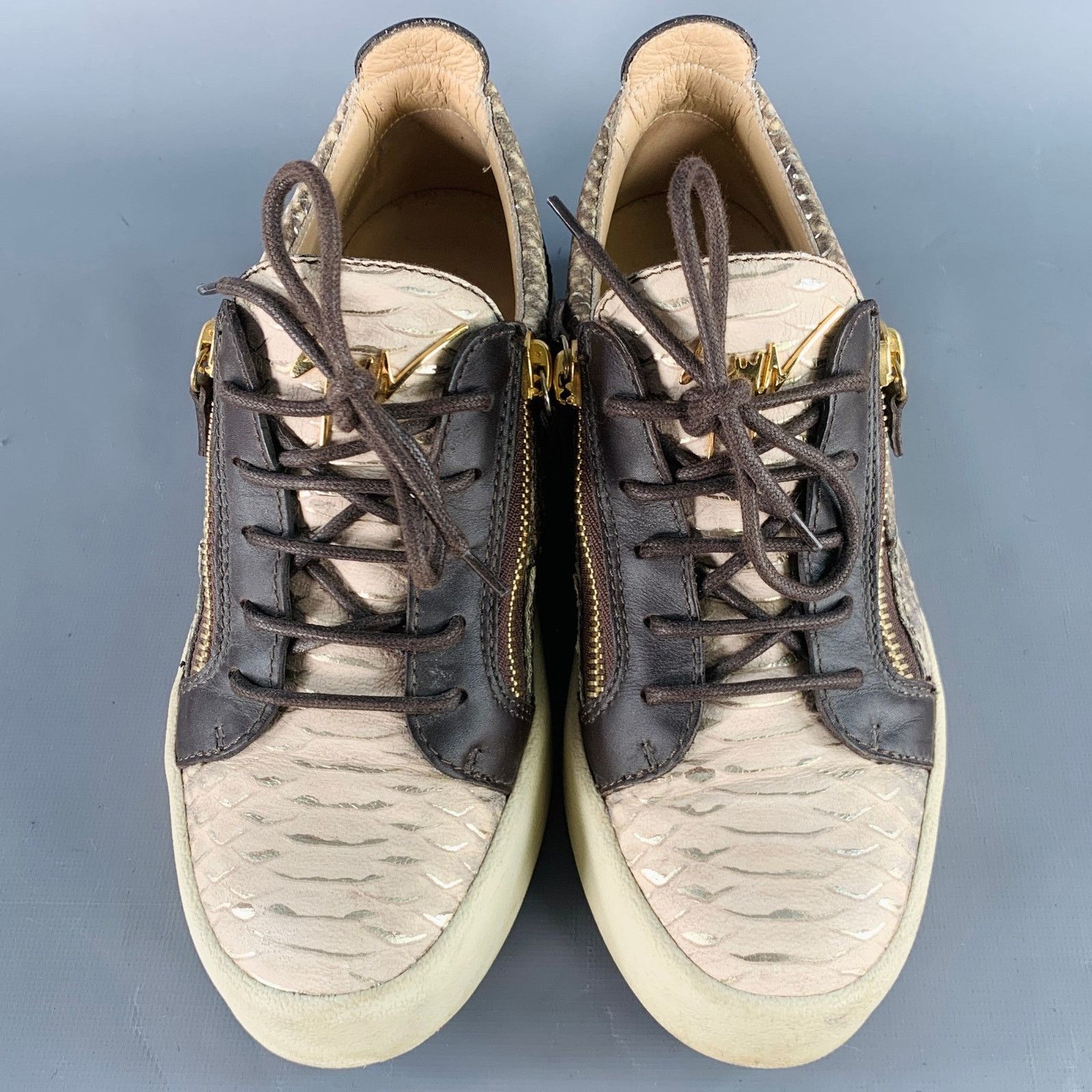Giuseppe Zanotti 9 Beige Brown Leather Textured Double Side Zipper Sneakers Size US 9 / IT 39 - 4 Thumbnail