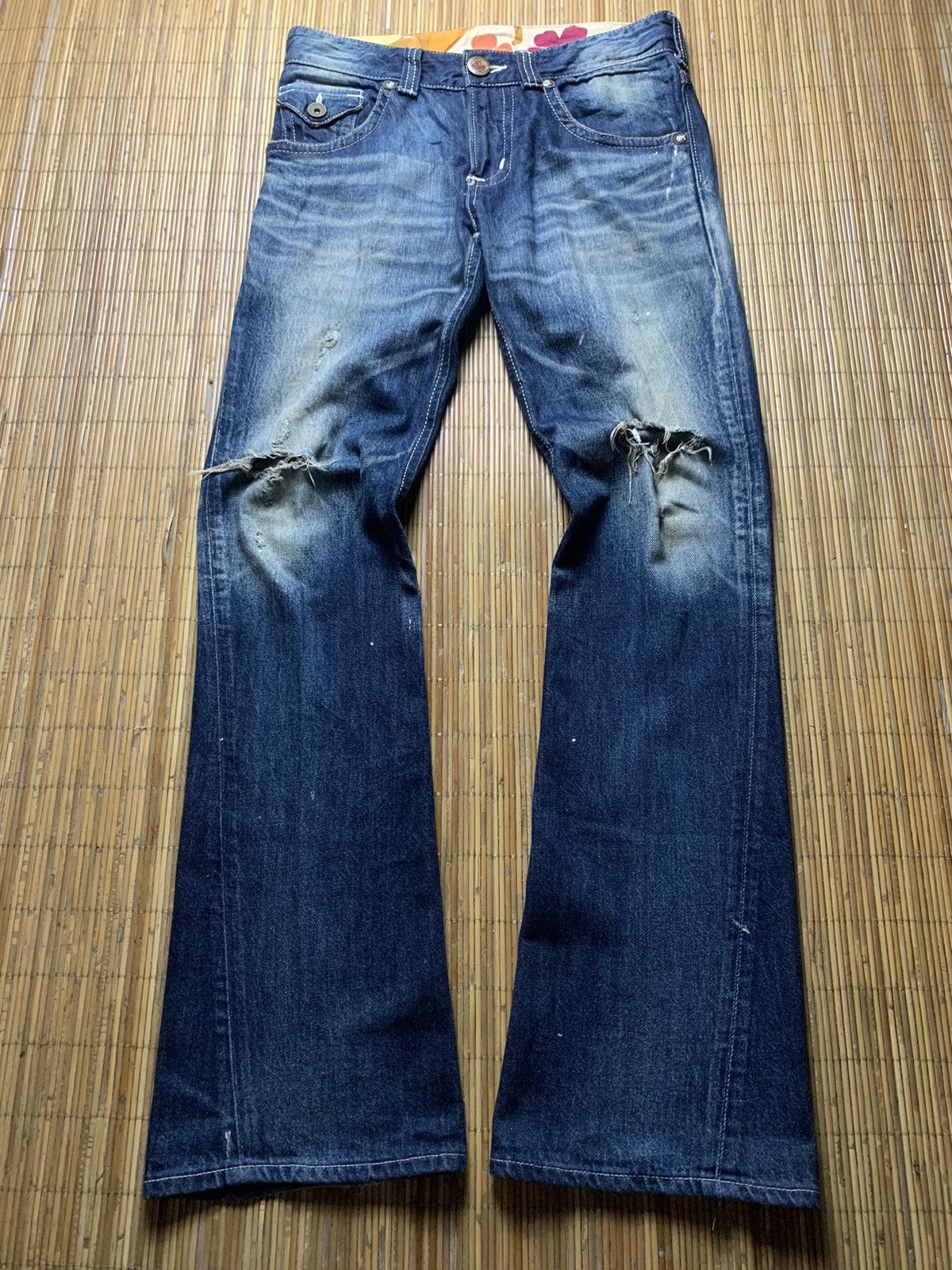 image of Edwin Blue Trip Distressed Flared Jeans in Blue Denim, Men's (Size 32)