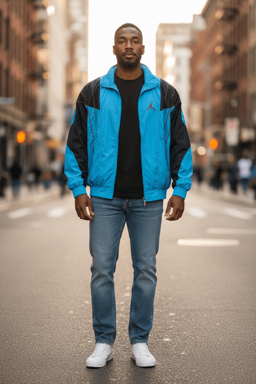 Jordan Retro 5 Windbreaker Gamma Blue Black Red L