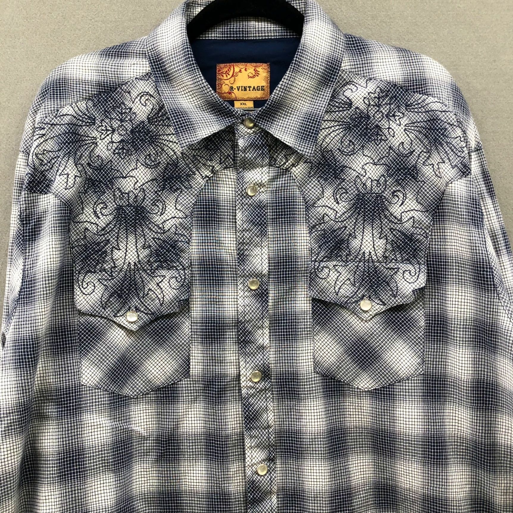 Vintage R-Vintage Mens Western Snap Button Embroidered Shirt XXL Blue Plaid Cowboy Button-Up Chest Pockets Casual Size US XXL / EU 58 / 5 - 3 Thumbnail