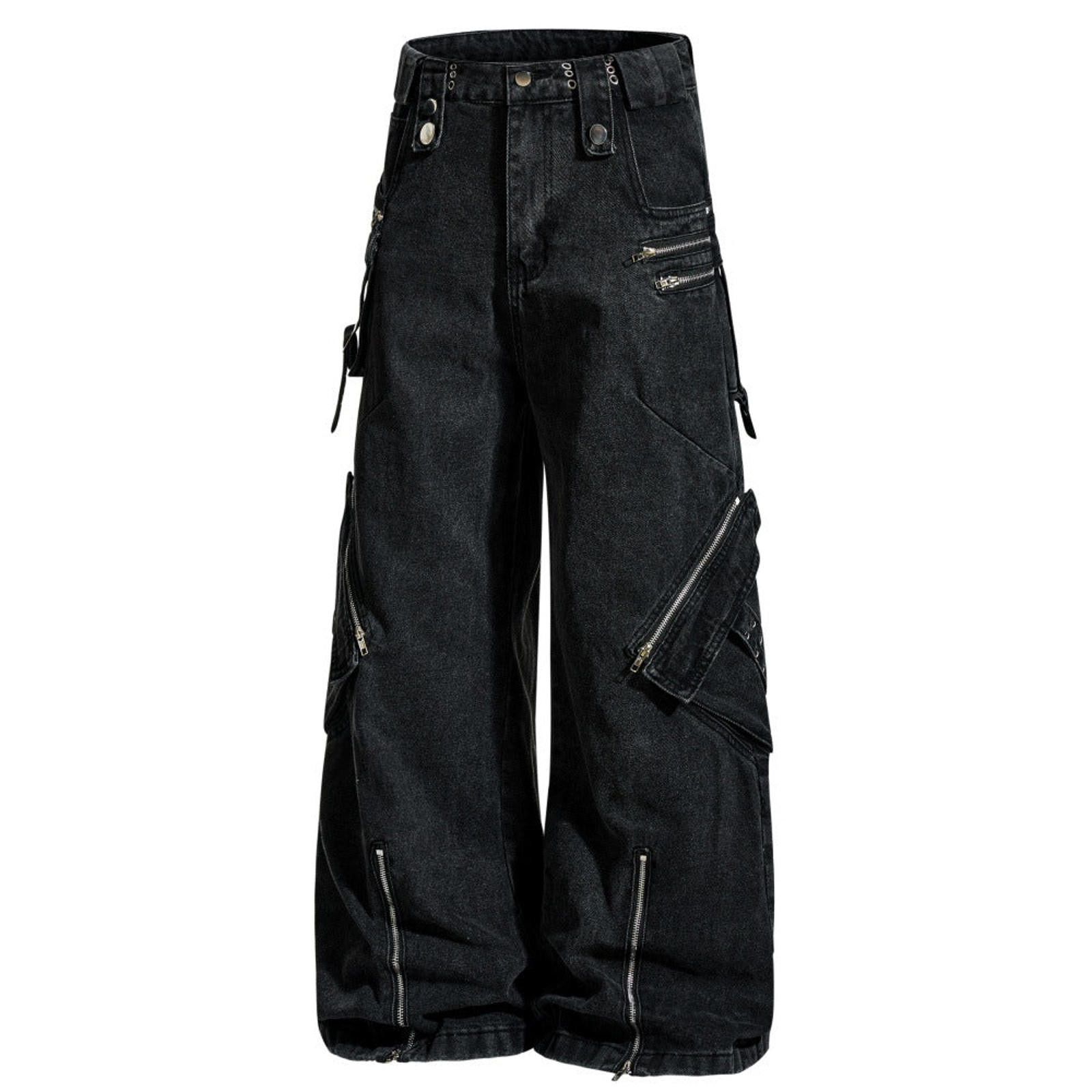 Japanese Brand Black Wide Leg Cargo Jeans, Loose Fit Denim Pants Size US 32 / EU 48 - 5 Thumbnail