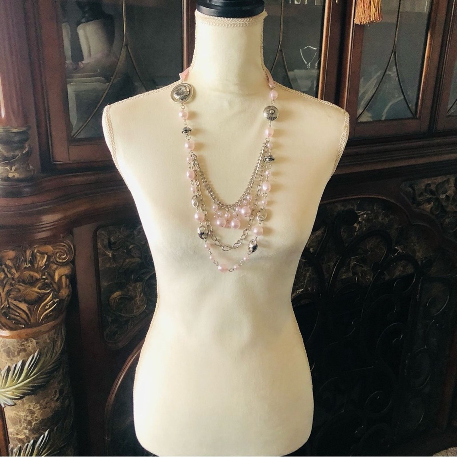 Jewelry Light lilac pearl beaded silver chain ribbon necklace Size ONE SIZE - 4 Thumbnail