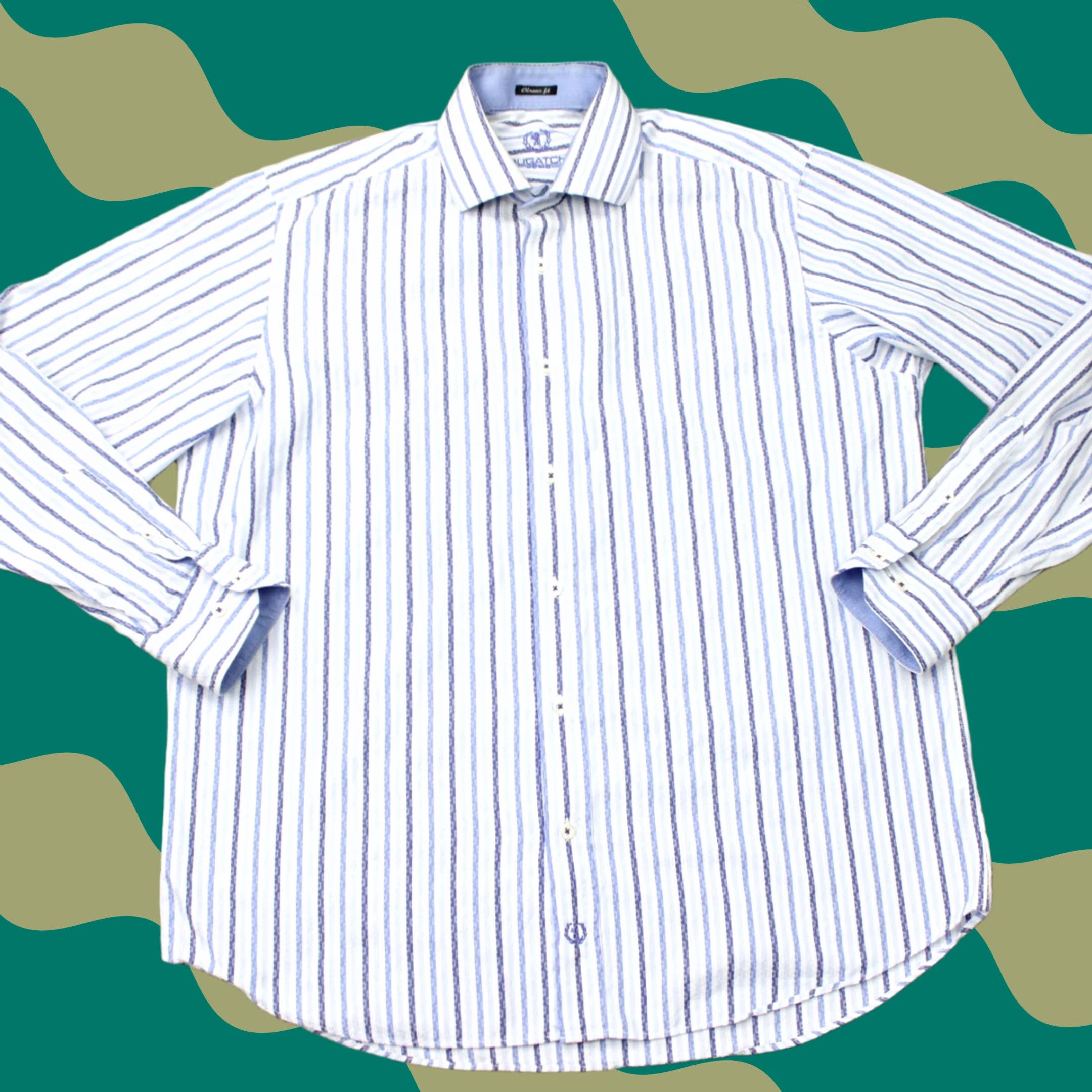 BUGATCHI Bugatchi Uomo Shirt Men Large Blue Striped Cotton Long Sleeve Button-Up Classic Fit Size US L / EU 52-54 / 3 - 1 Thumbnail