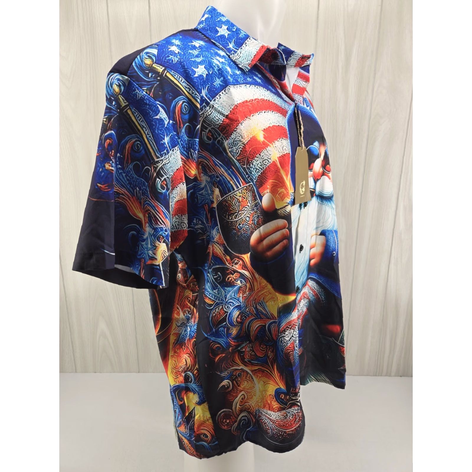 Vintage HARDADDY American Flag W/Gnome Short Sleeve Button-Up Shirt XL Mens Red White & Blue, Patriotic, USA, Button-Up, Casual, Travel, Workwear Size US XL / EU 56 / 4 - 6 Thumbnail