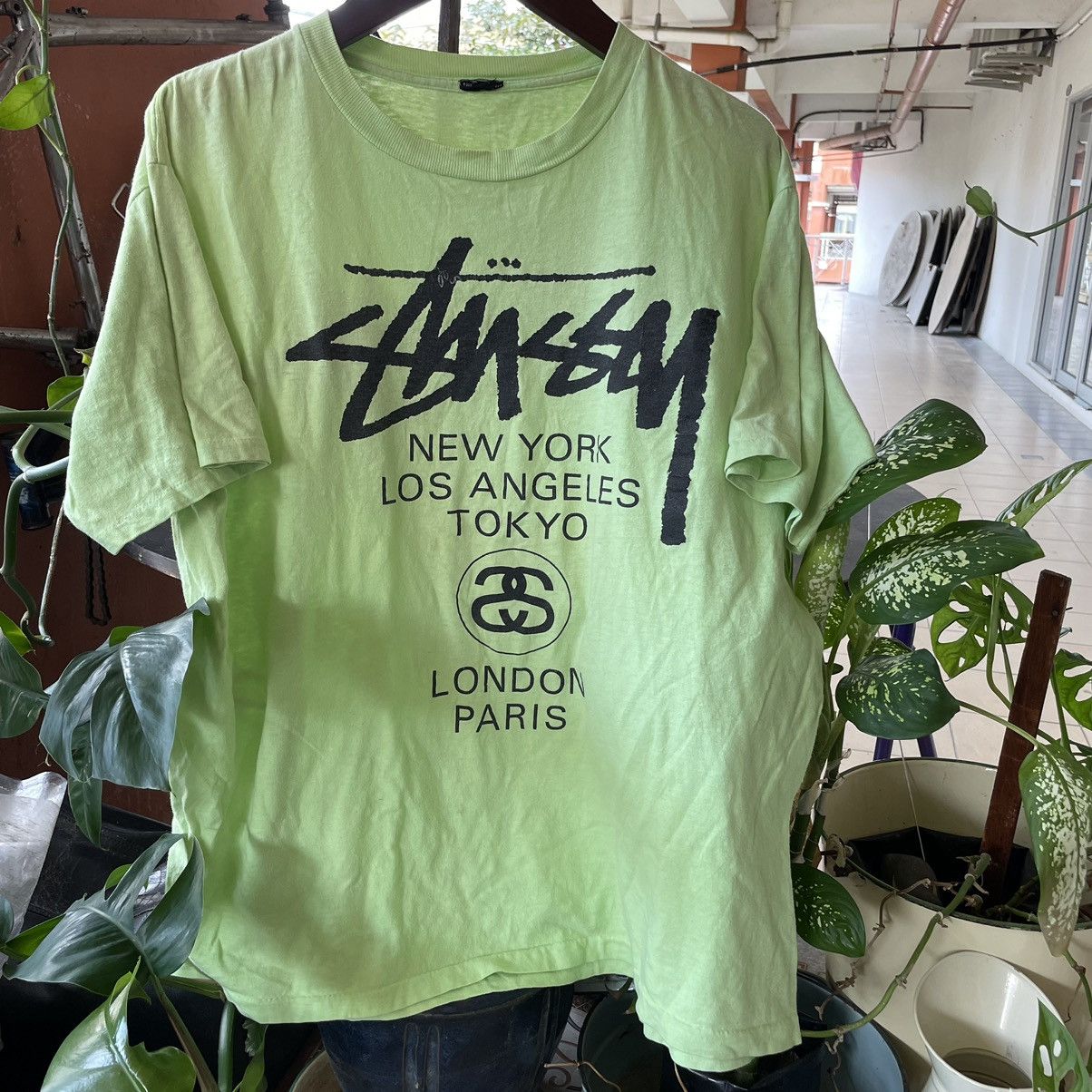 image of Made In USA x Stussy 80's 90's Stussy World Tour Black Tag Tee T-Shirt in Green, Men's (Size XL)