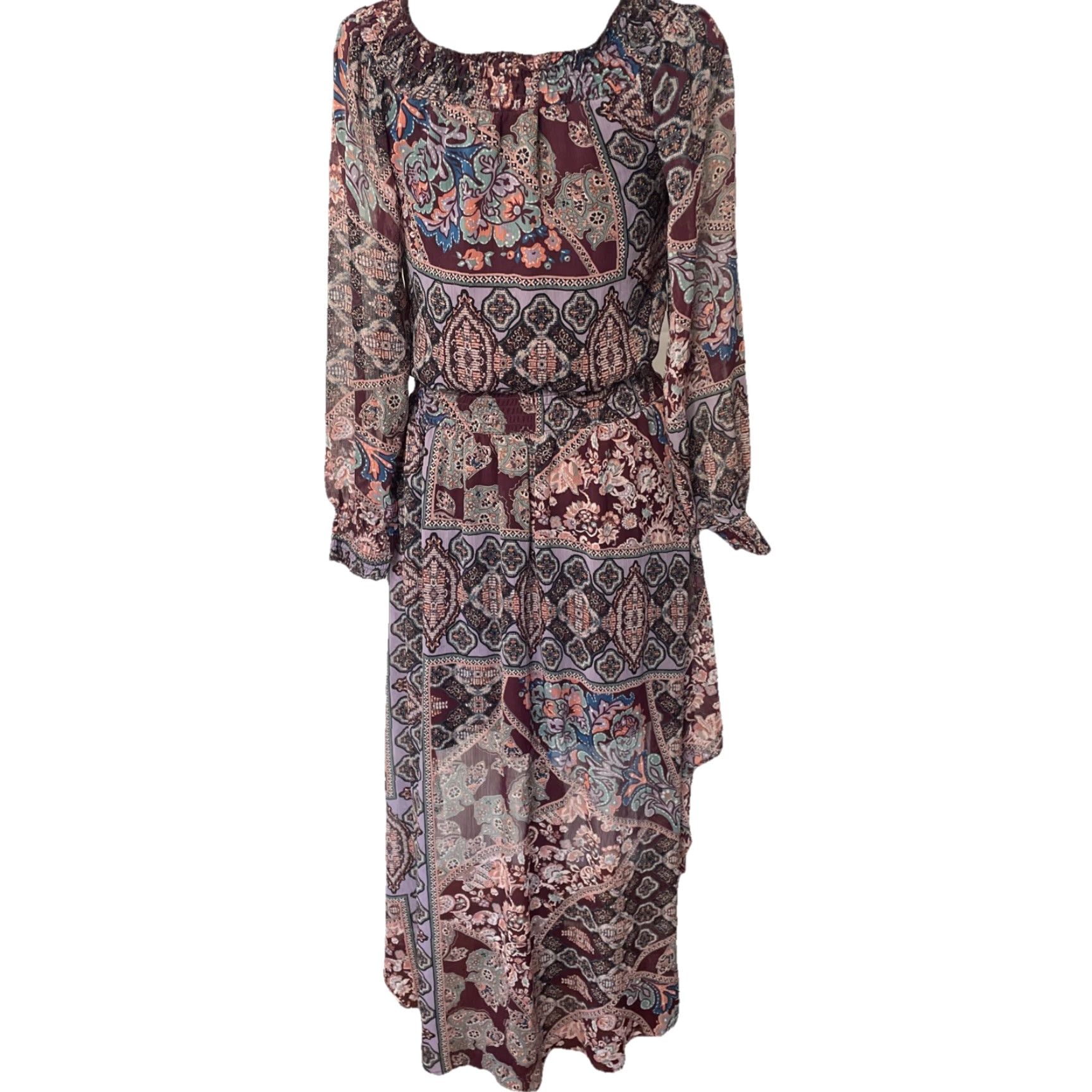 Vintage VINTAGE Fire Los Angeles Womens Dress Small Long Purple Paisley Peasant Boho Ruched Size S / US 4 / IT 40 - 2 Thumbnail