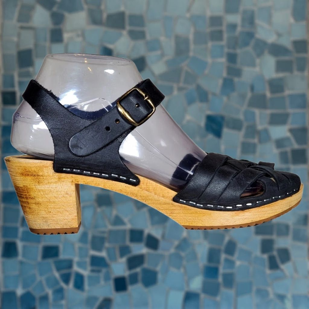 Vintage Moheda Betty Black Leather Classic Swedish Wooden Clog Sandals Women's US 8.5 EU 39 Size US 9 / IT 39 - 1 Thumbnail