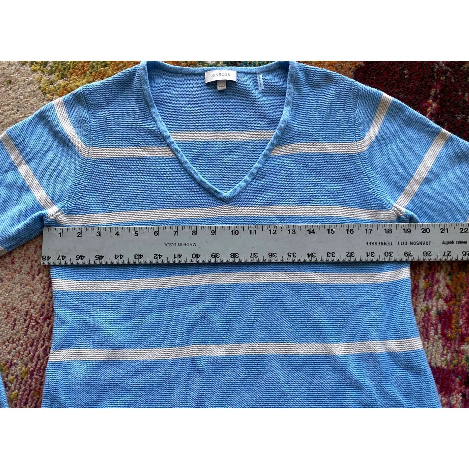 Vintage Kinross Women Sweater V-Neck Striped Light Blue Cotton Medium Pullover Knit Blue Womens M Size M / US 6-8 / IT 42-44 - 7 Thumbnail