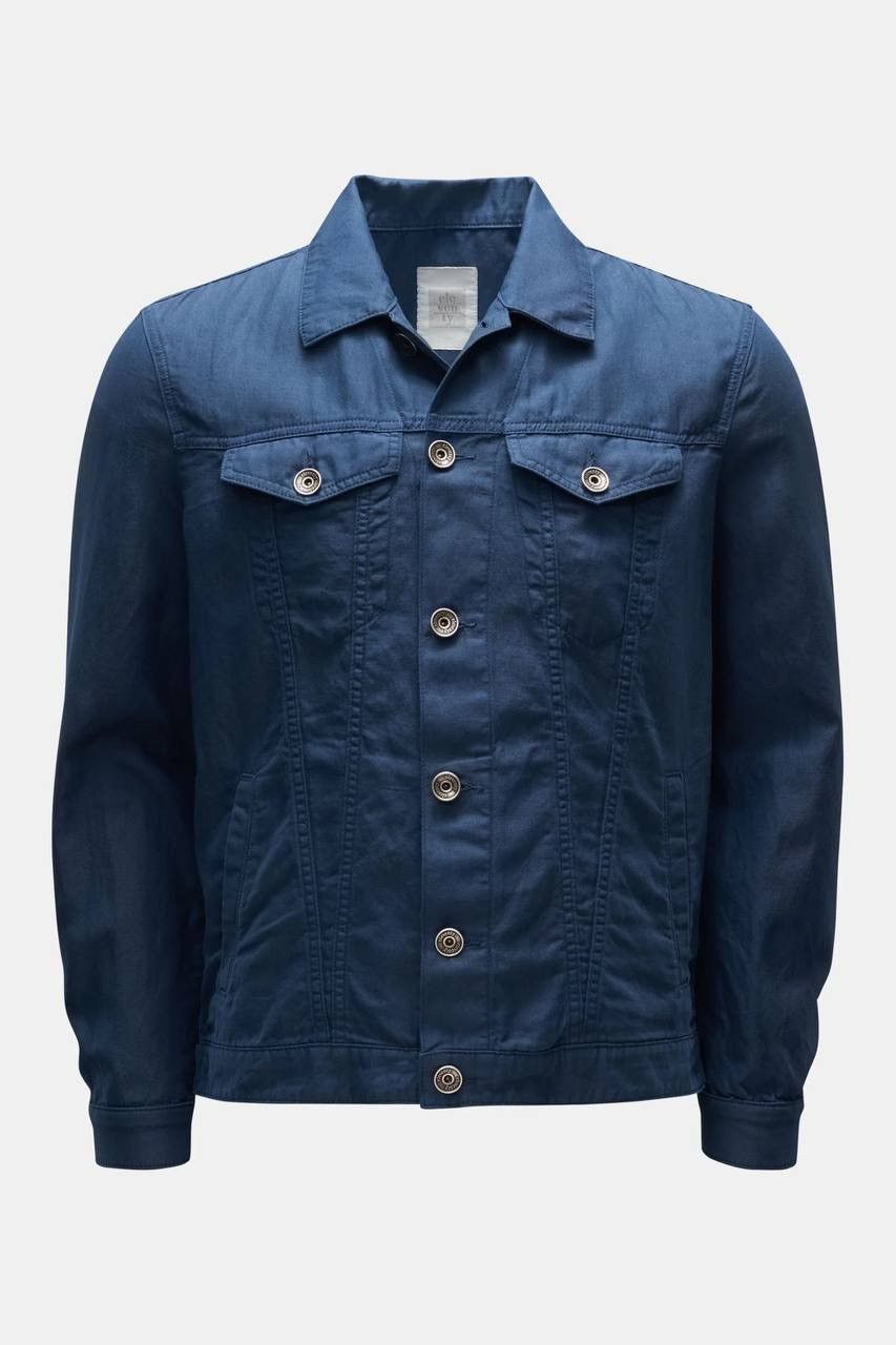 image of Eleventy Linen & Cotton Solid Trucker Jacket Navy in Dark Blue, Men's (Size Medium)