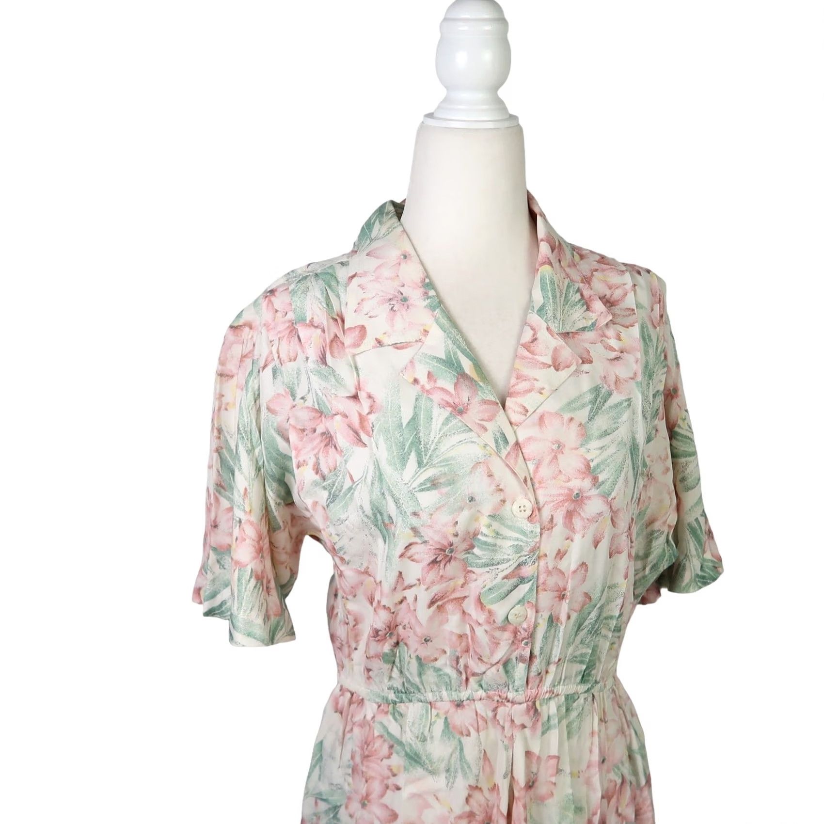 Vintage VINTAGE Carol Anderson cream pink green floral midi shirt dress 80s 4 Womens Size S / US 4 / IT 40 - 2 Thumbnail