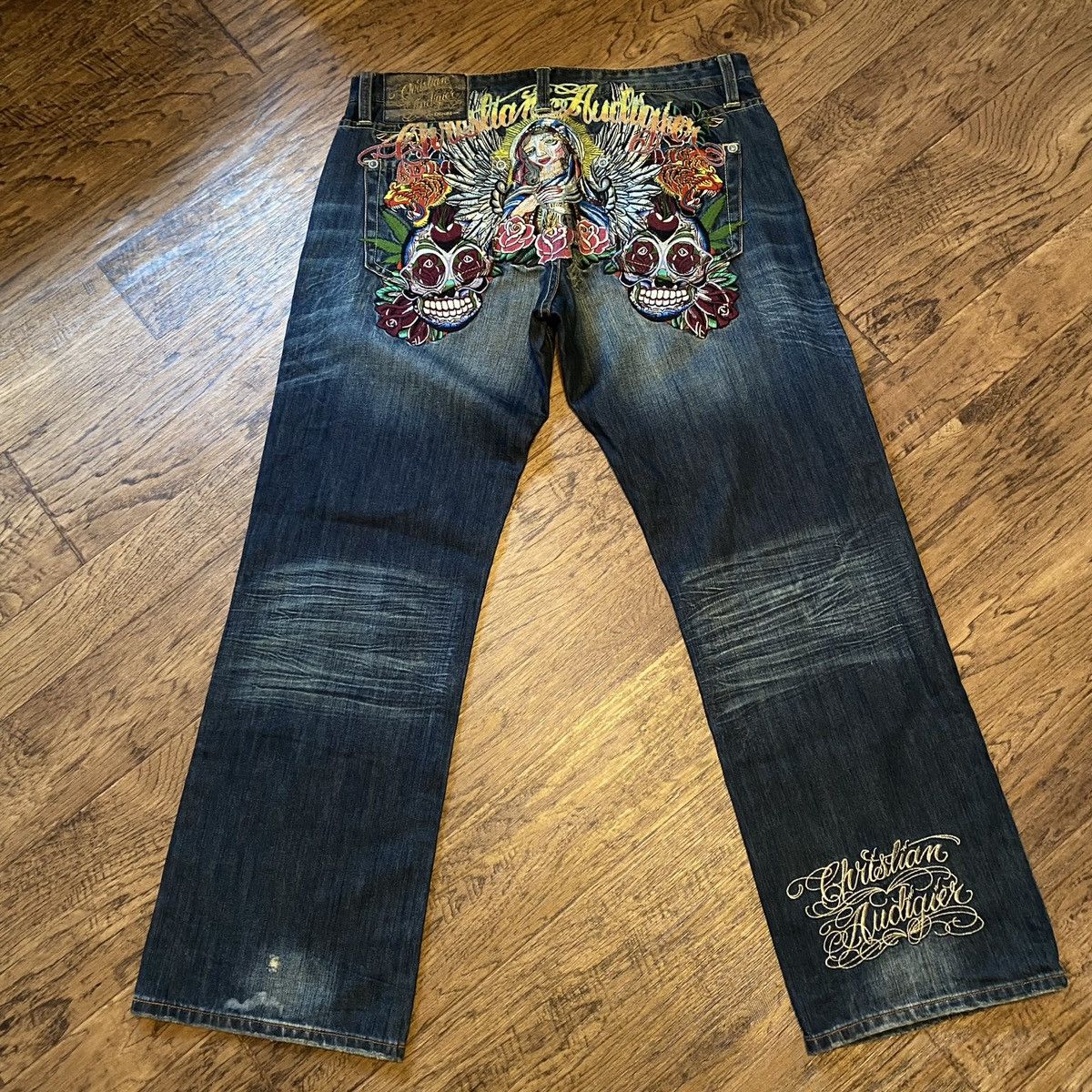 Image of Y2K Christian Audigier Virgin Mary Jeans in Navy, Men's (Size 38)