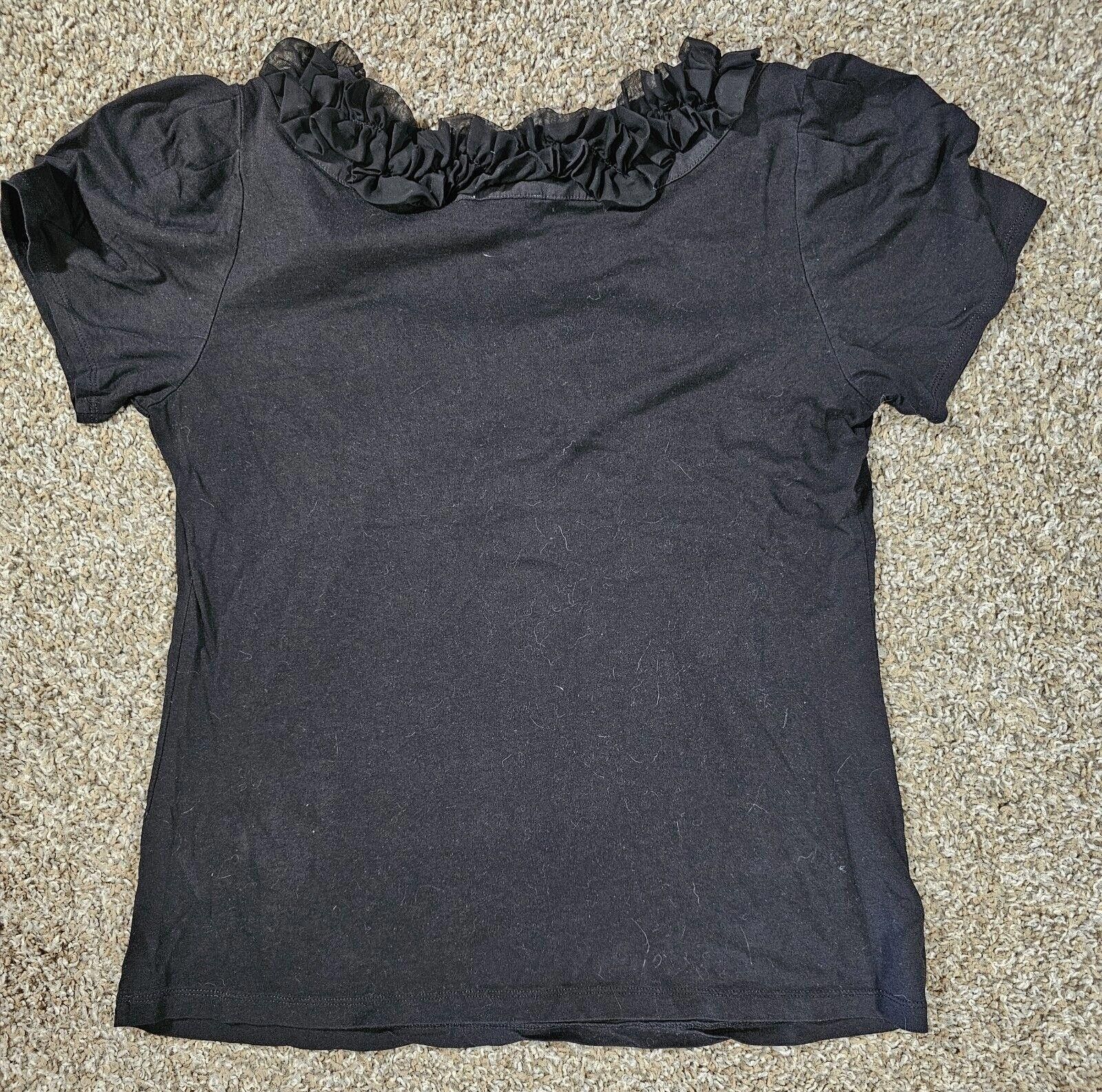 Designer Ann Taylor LOFT Black Modal Short Sleeve Ruffled Neck Top M Size M / US 6-8 / IT 42-44 - 7 Thumbnail