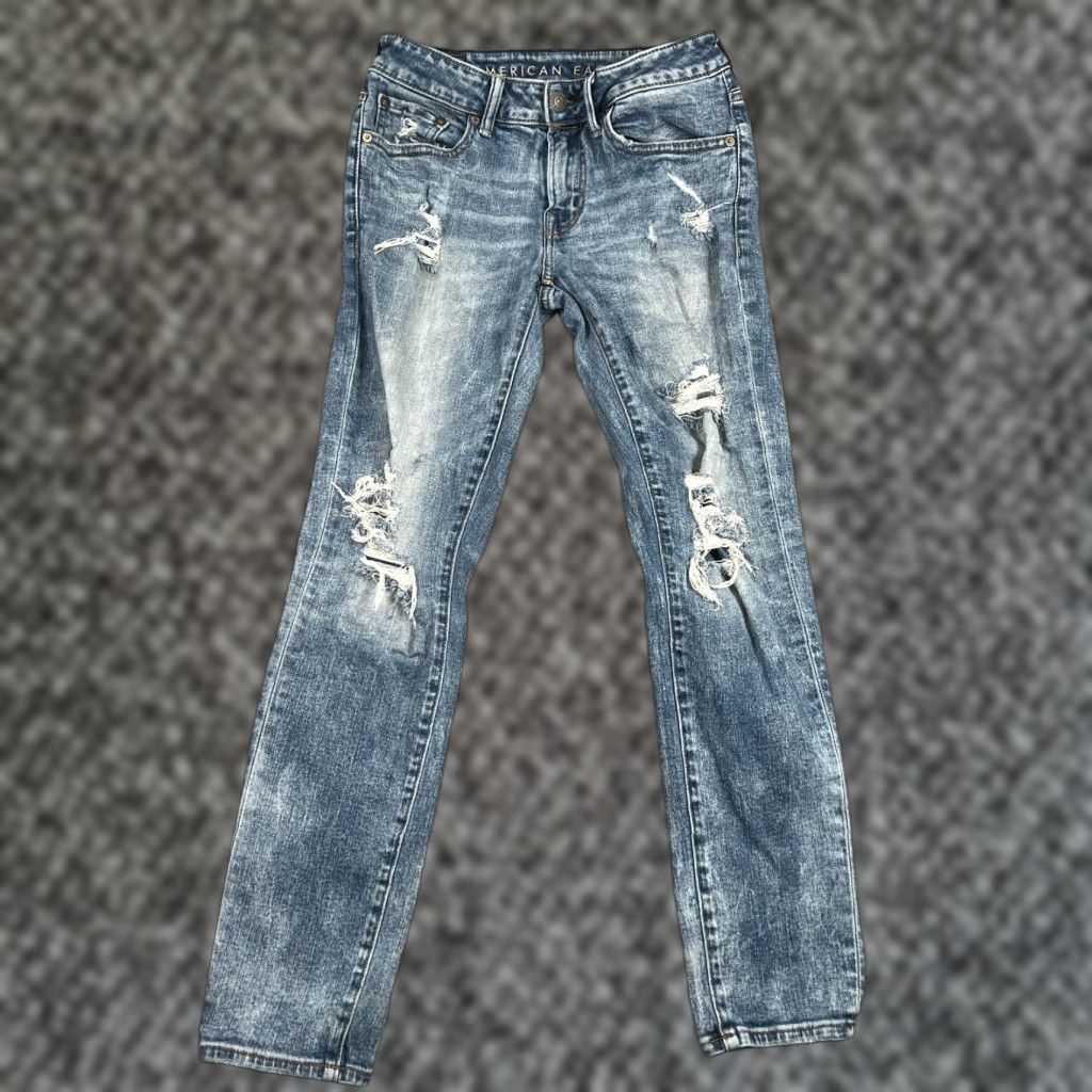 American Eagle Outfitters VINTAGE American Eagle Jeans Mens 29x30 Skinny Light Blue Acid Wash Distressed Thrashed Size US 29 - 1 Thumbnail