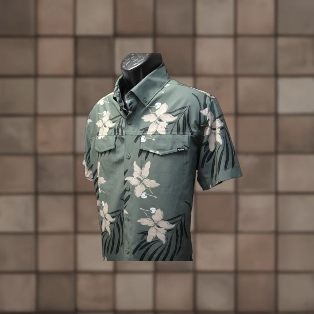 Hurley Button Up Hawaiian Shirt Floral Polyester Stretch Surf Mens Sz Large