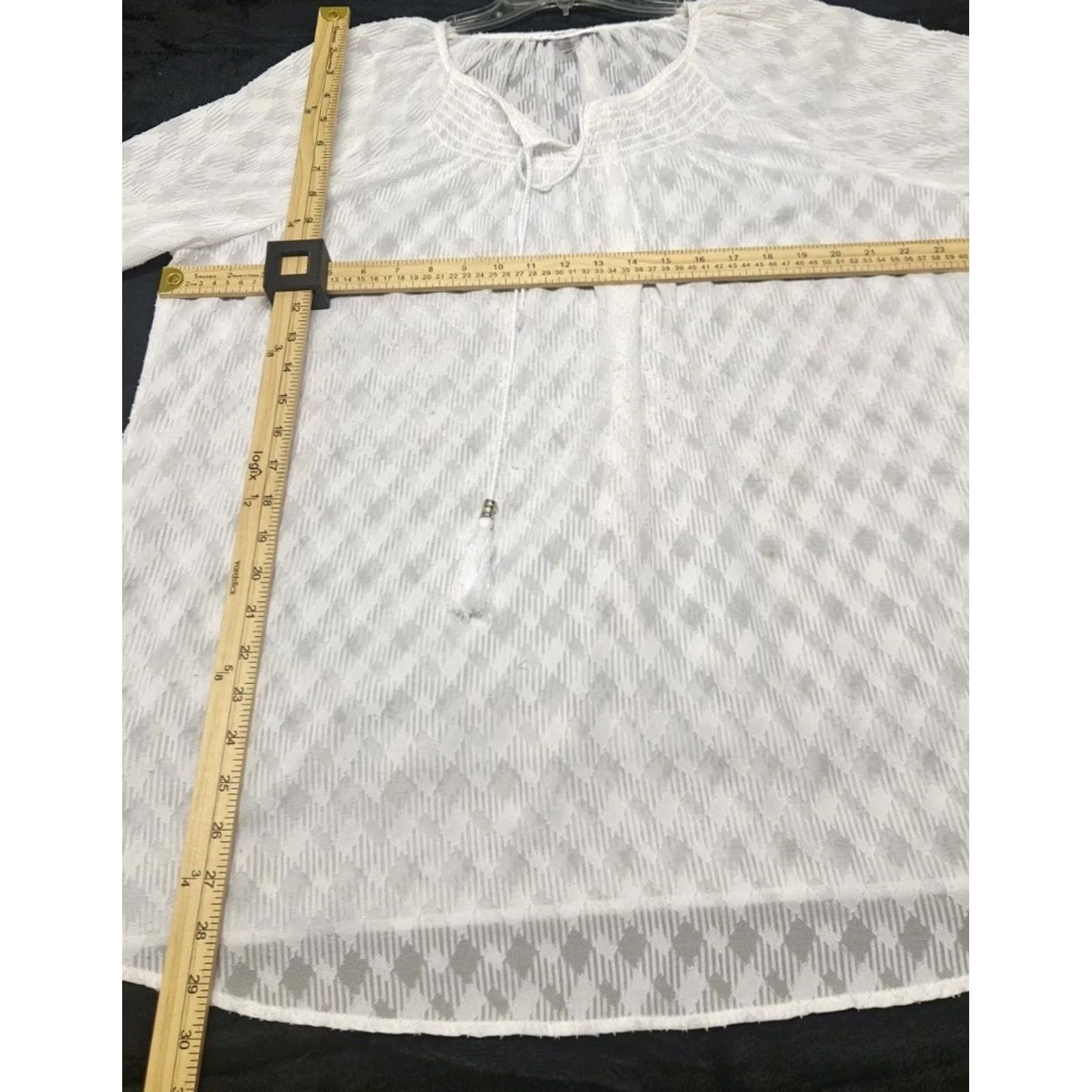 Vintage Allison Daley Blouse Peasant Tunic 3/4 Sleeve V-Neck Tie White 16W 18W Plus Women’s Bohemian Shirt Geometric Tassel Size XXL / US 16-18 / IT 52-54 - 7 Thumbnail