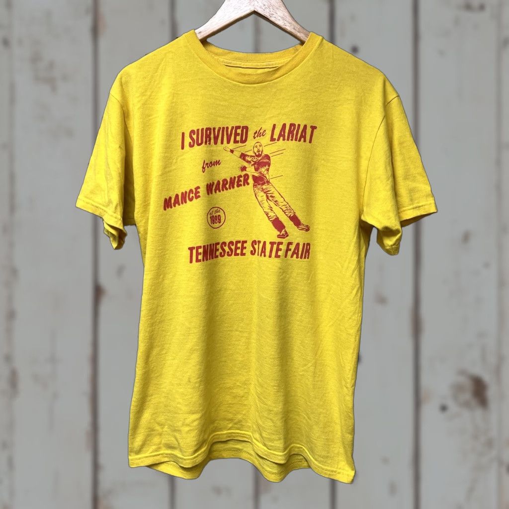 Vintage Nance Warner Yellow T-Shirt Wrestling Lariat Vintage Style Short Sleeve Crew Neck Mens L Yellow Solid Graphic Size US L / EU 52-54 / 3 - 1 Thumbnail