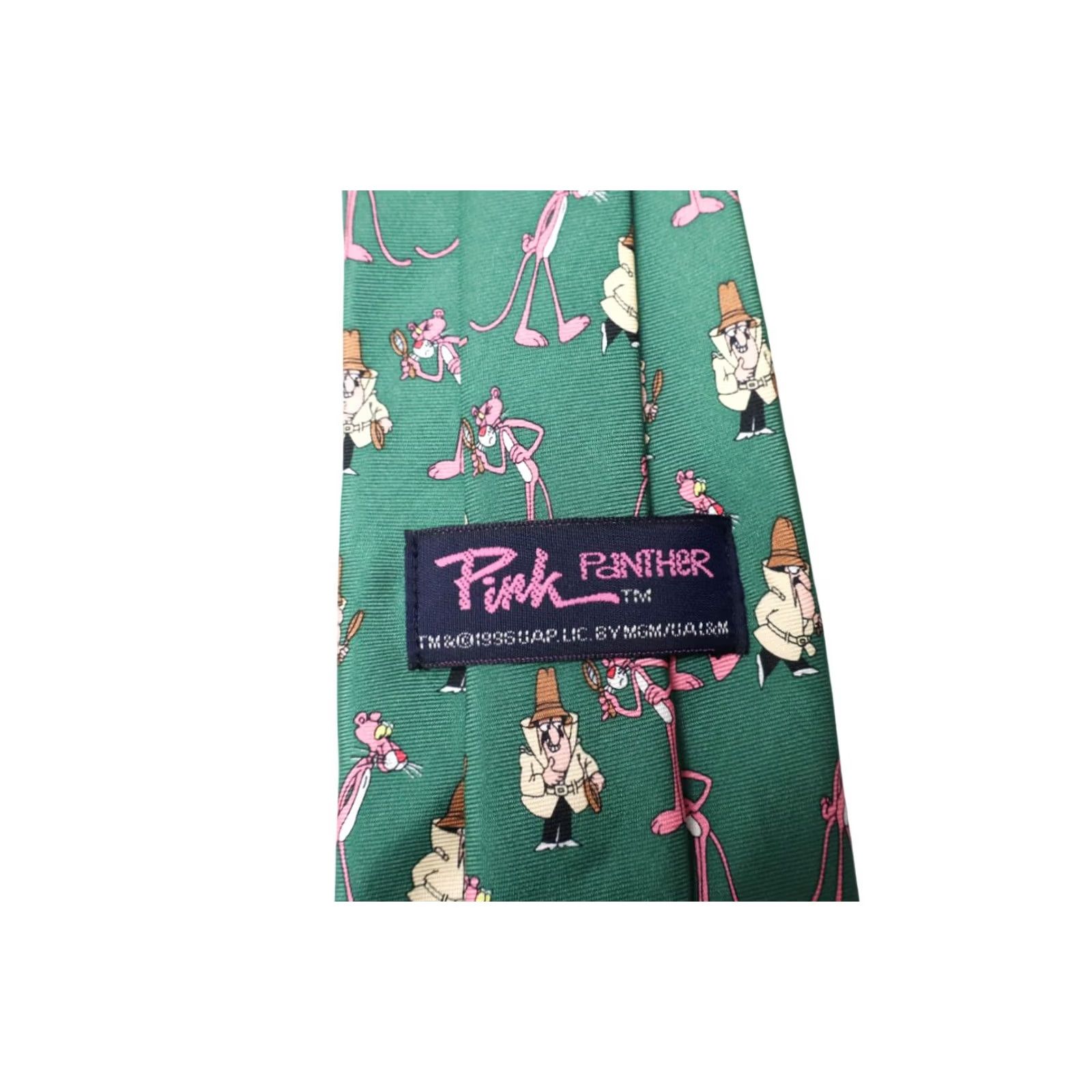 Pinko PINK PANTHER Vintage Tie Men's One Size Green Patterned Pointed Pure Silk Size US 35 - 6 Thumbnail