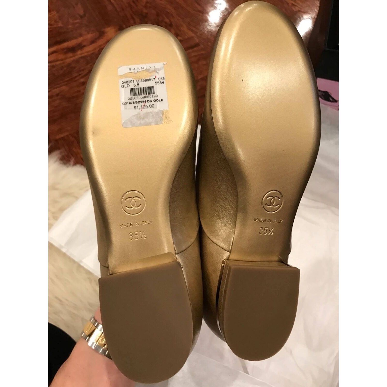 Chanel 15A Gold Lace Up Tie Leather Pearl CC Oxford