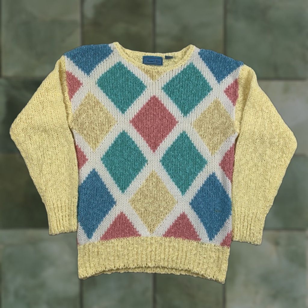 Vintage VINTAGE Susanne Kent Sweater Womens Medium Yellow Knit Gold Geometric 90s Size M / US 6-8 / IT 42-44 - 1 Thumbnail