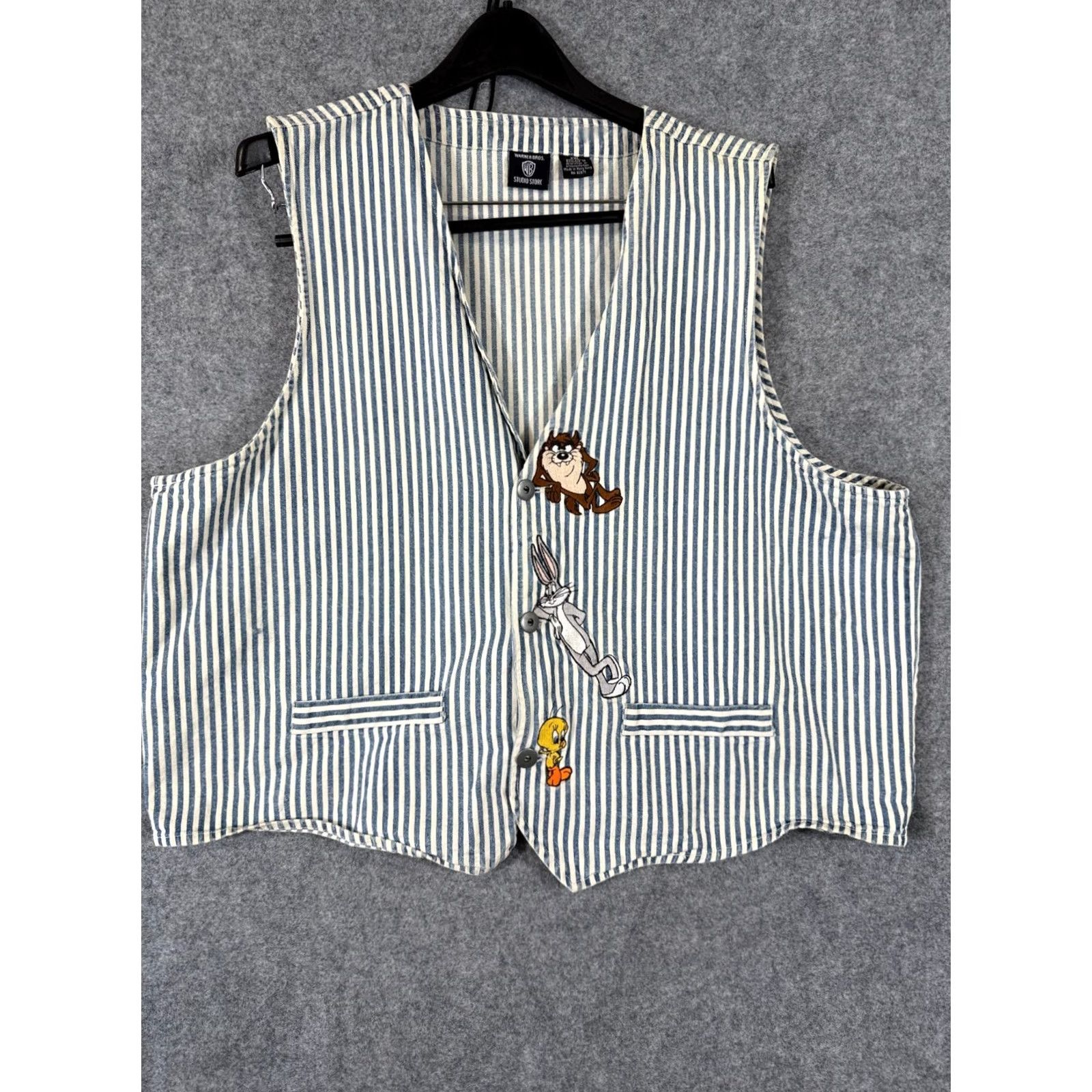 Vintage VINTAGE Warner Bros. Denim Vest Womens 2XL Blue White Striped Taz & Tweety 1996 Size XXL / US 16-18 / IT 52-54 - 3 Thumbnail
