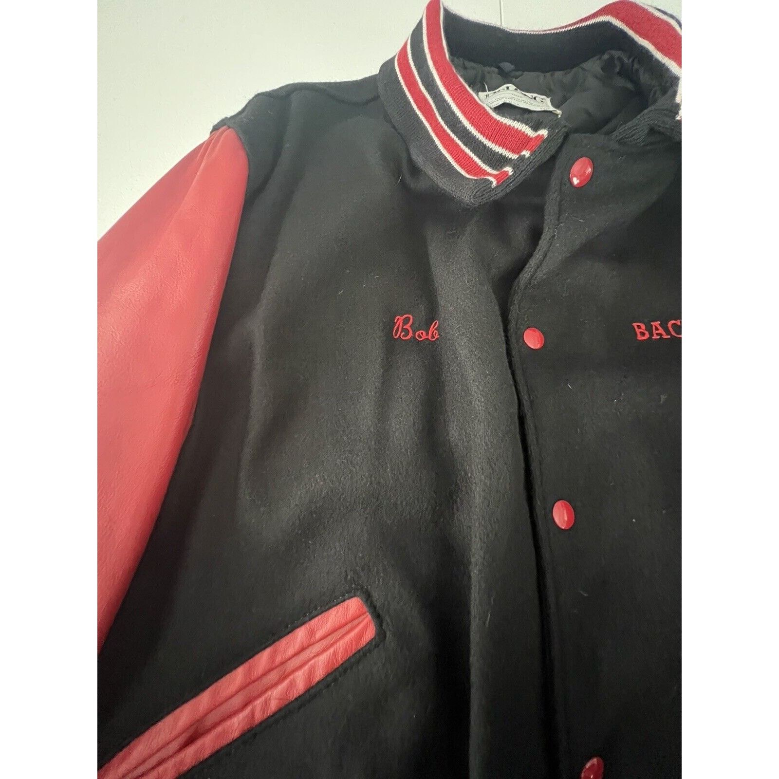 Delong Vintage bomber Jacket DeLong Wool 52 90s Backdraft Black Red Size US XXL / EU 58 / 5 - 3 Thumbnail