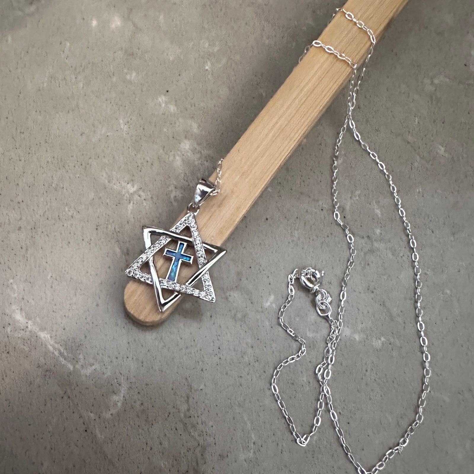 The Unbranded Brand Star of David & Cross CZ Lab Opal Sterling Silver Necklace Size ONE SIZE - 1 Thumbnail