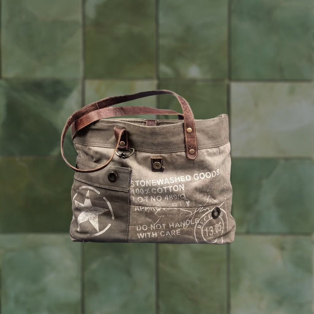 Vintage Myra India Design Vintage Leather & Canvas Tote Shoulder Bag Medium Beige Women Handbag 90s Army Art Brand Myra Mens Womens Girls Size ONE SIZE - 1 Thumbnail