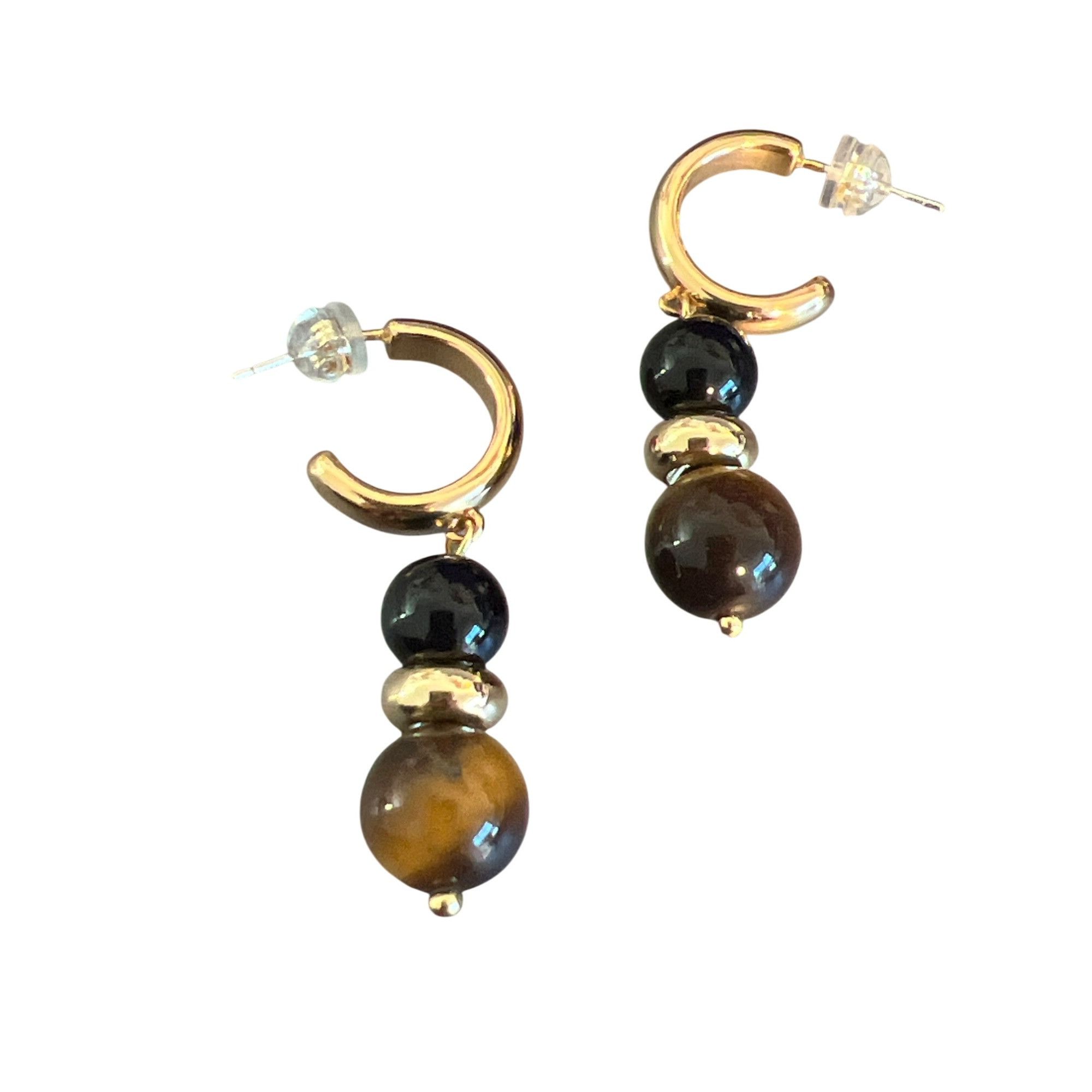 Other Vintage Gold Tone Tigers Eye Black Onyx Beaded Hoop Earrings Size ONE SIZE - 2 Thumbnail