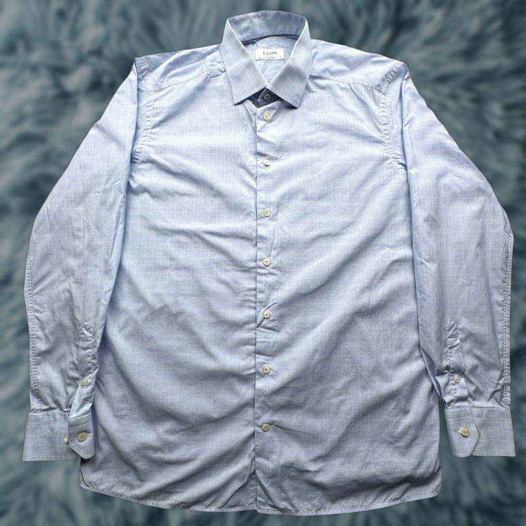 Eton VINTAGE Eton Poplin Graph Plaid XL Long Sleeve Shirt Mens Button Up Blue White Size US XL / EU 56 / 4 - 1 Thumbnail
