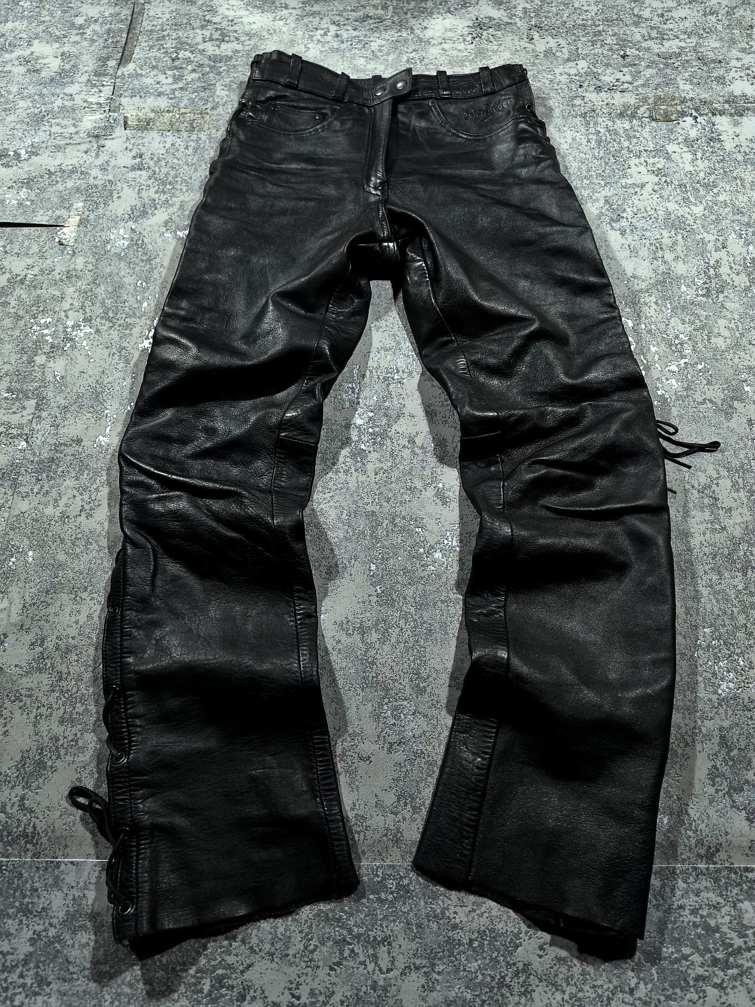 Leather kmrii moto type string leather pants vtg opium rockstar Size 29" - 1 Thumbnail