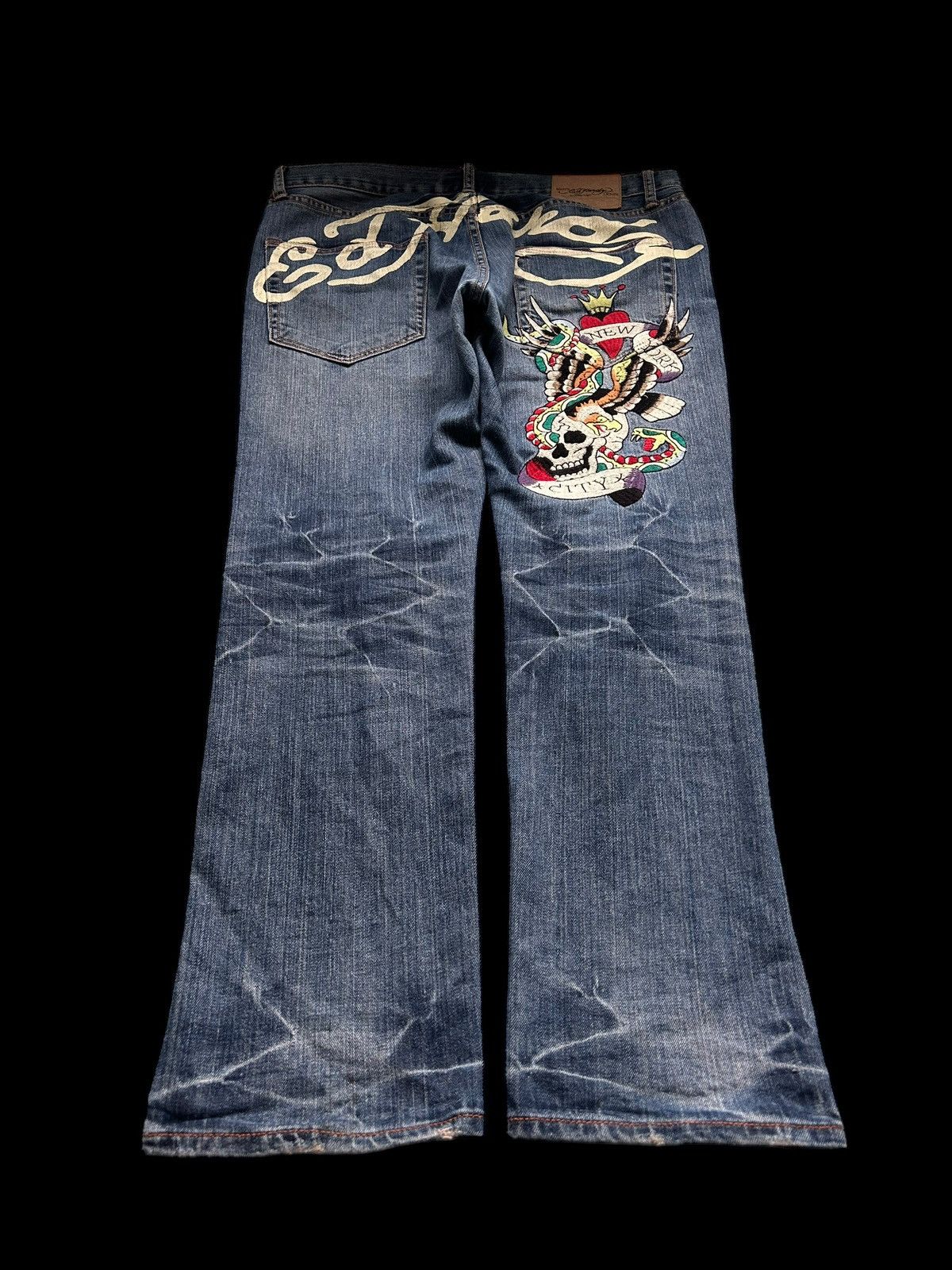 Image of Christian Audigier x Ed Hardy Vintage Baggy Denim Jeans Ed Hardy Big Logo Embroidered Y2K in Navy (