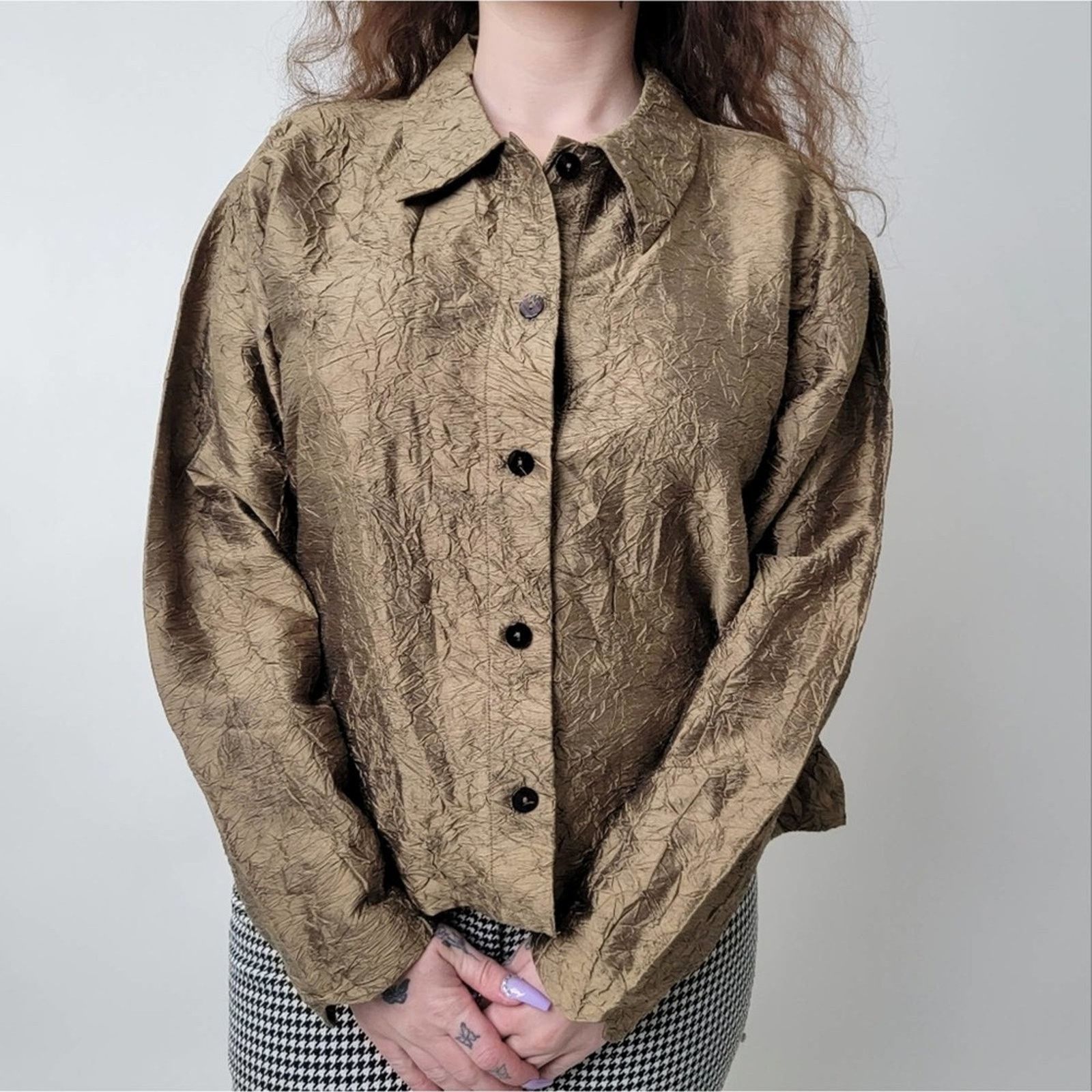 Orvis Vintage 90s Orvis Gold Ruffled Silk button Up Jacket - M Size M / US 6-8 / IT 42-44 - 4 Thumbnail