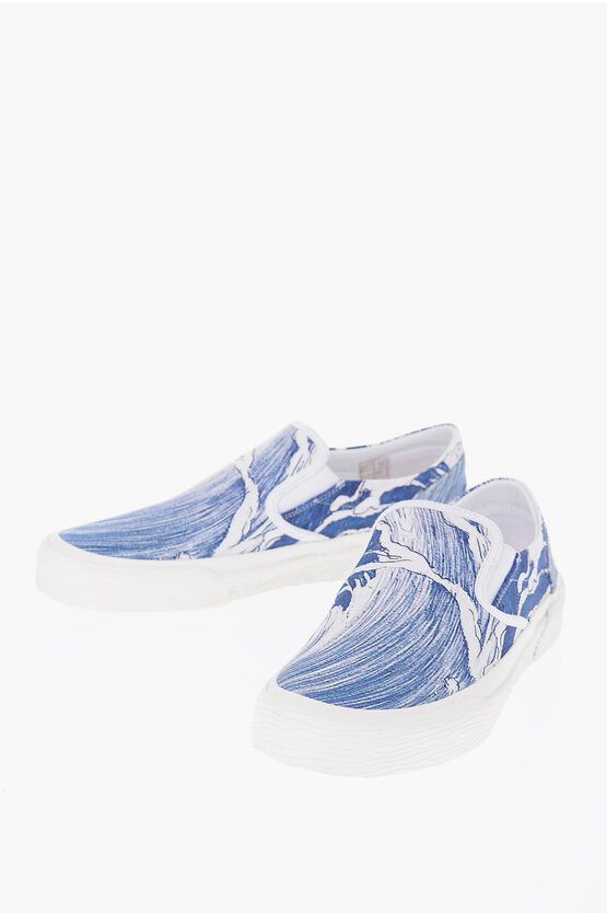 image of Celine Printed Fabric Waves Slip-On Sneakers in Blue, Men's (Size 7)